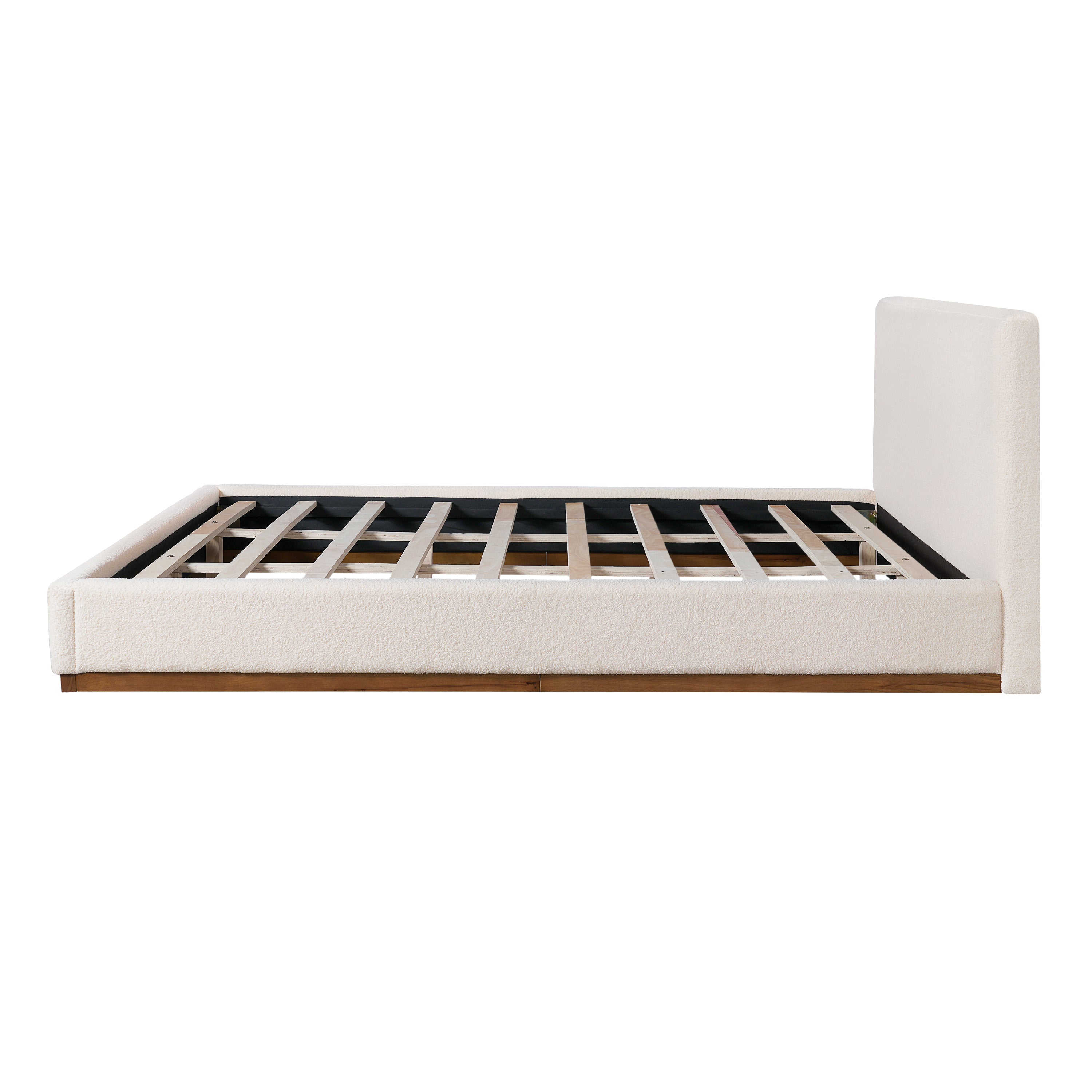 Elegant White Fabric Upholstered Bed With Nice Wood Grain Textured Solid Wood Base Frame