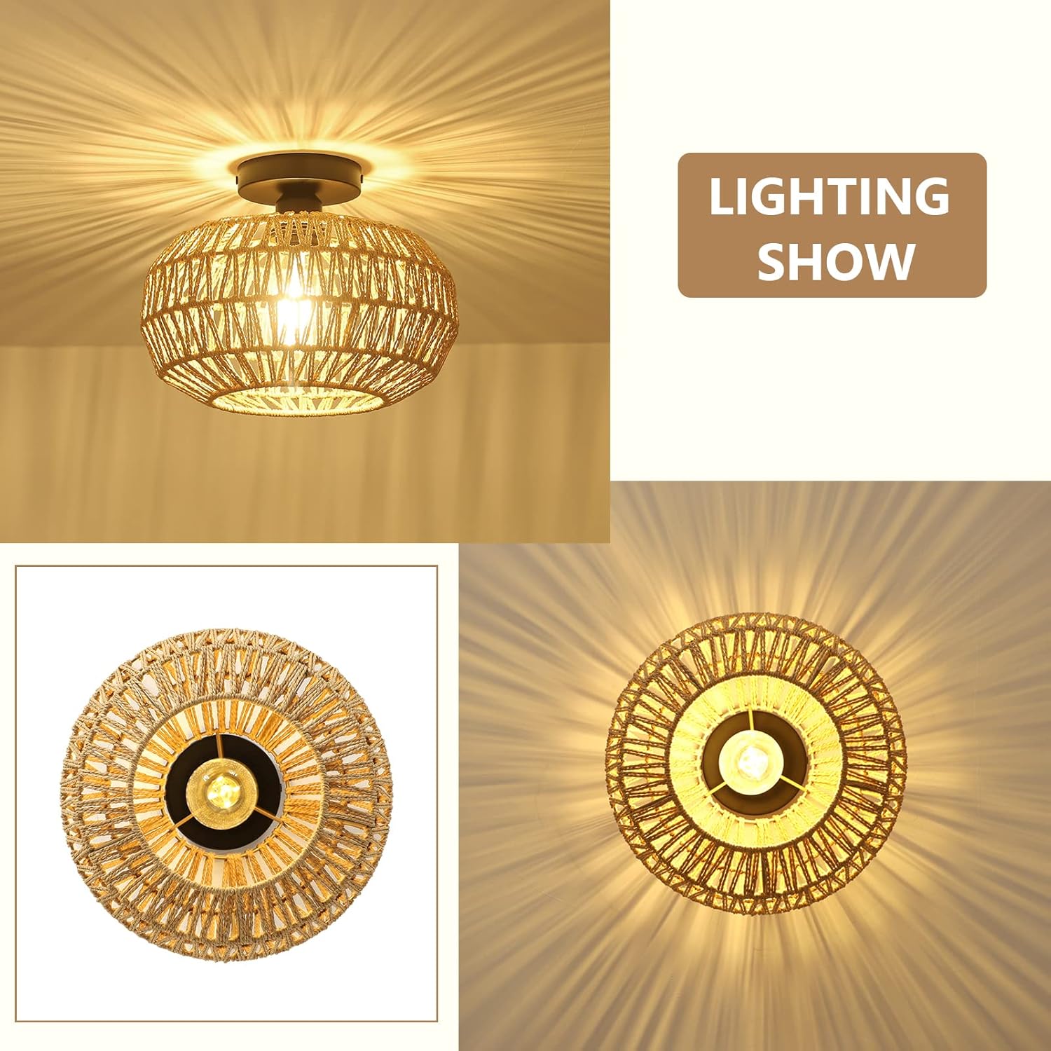 Ceiling Light Fixture with Dimmable LED and Hand-Woven Paper Rattan Cage