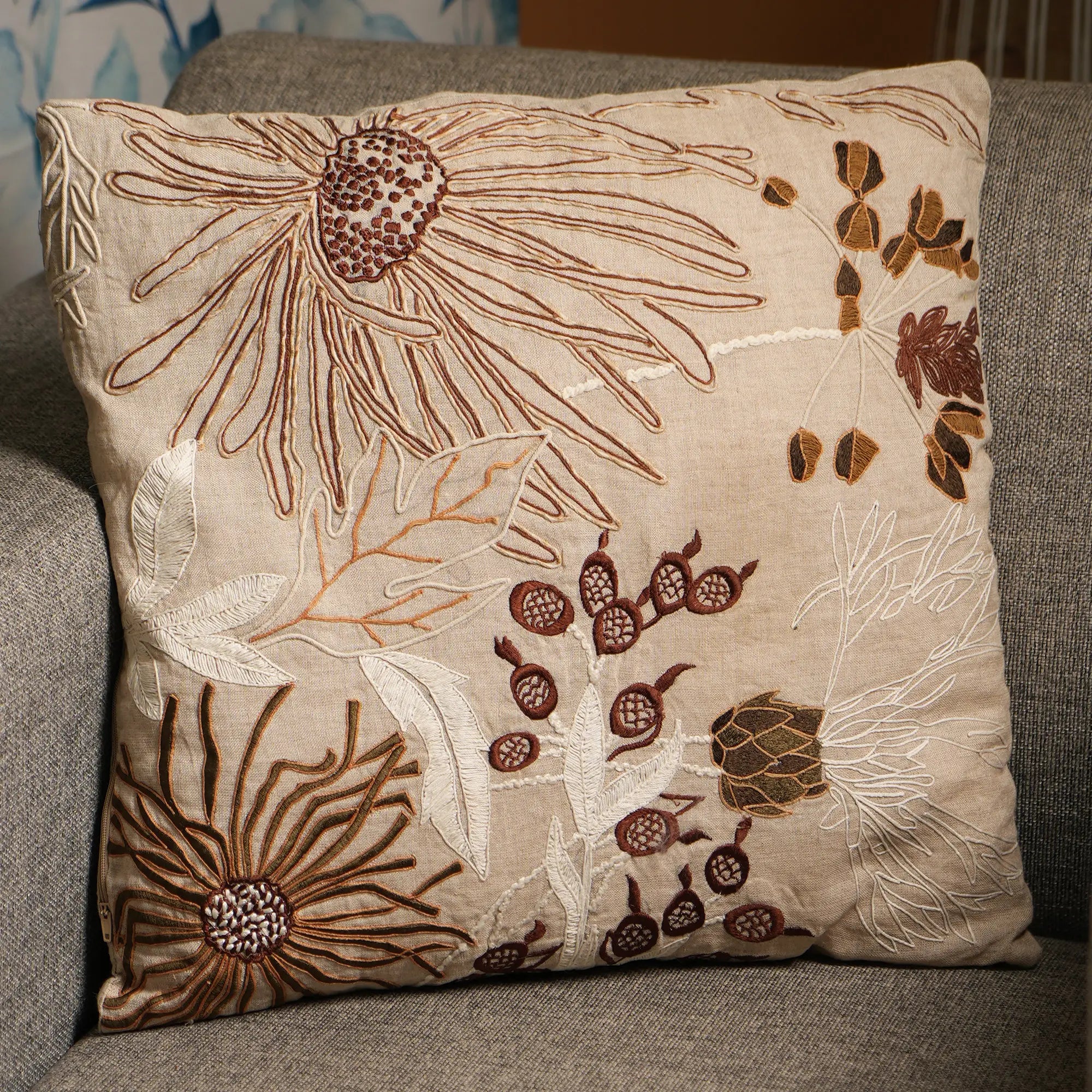 100% Linen Floral Embroidered Cushion