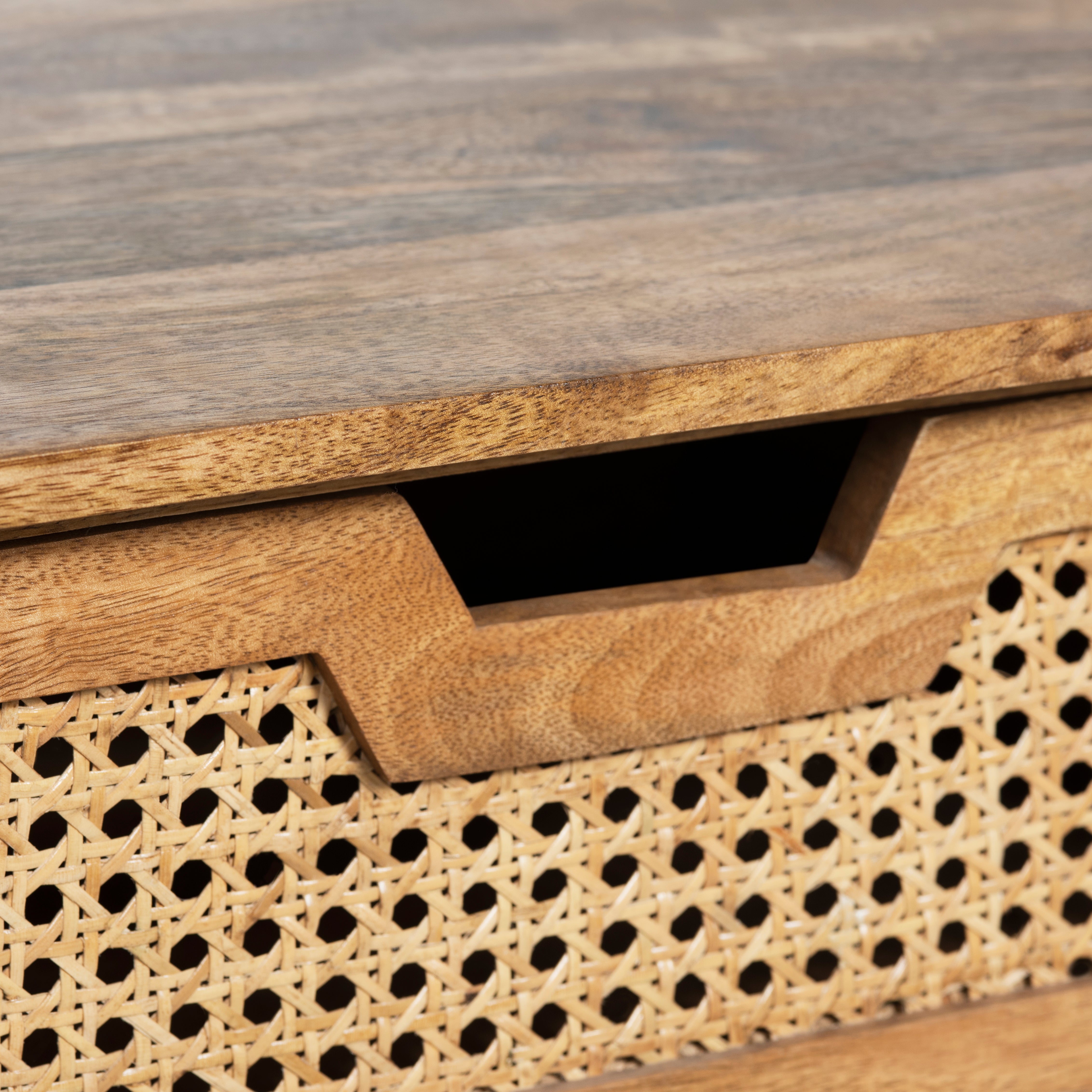 Square Brown Solid Wood With Rattan Accent End Table