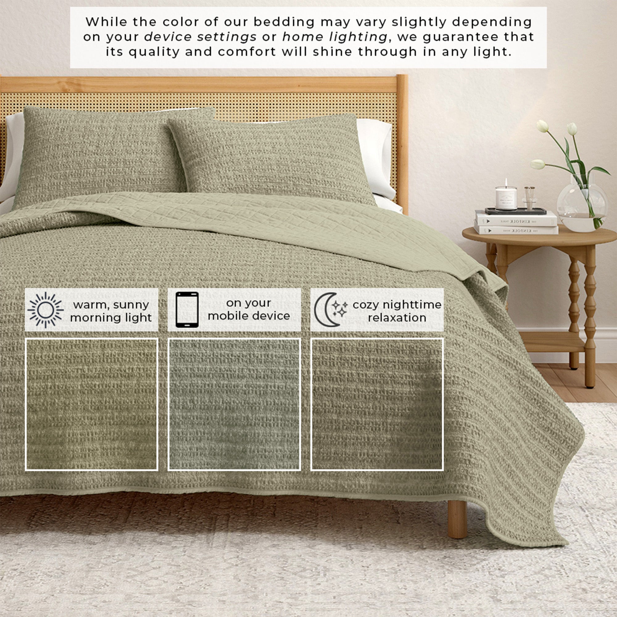 100% Cotton Garment Washed Honeycomb Waffle Quilt and Sham Set