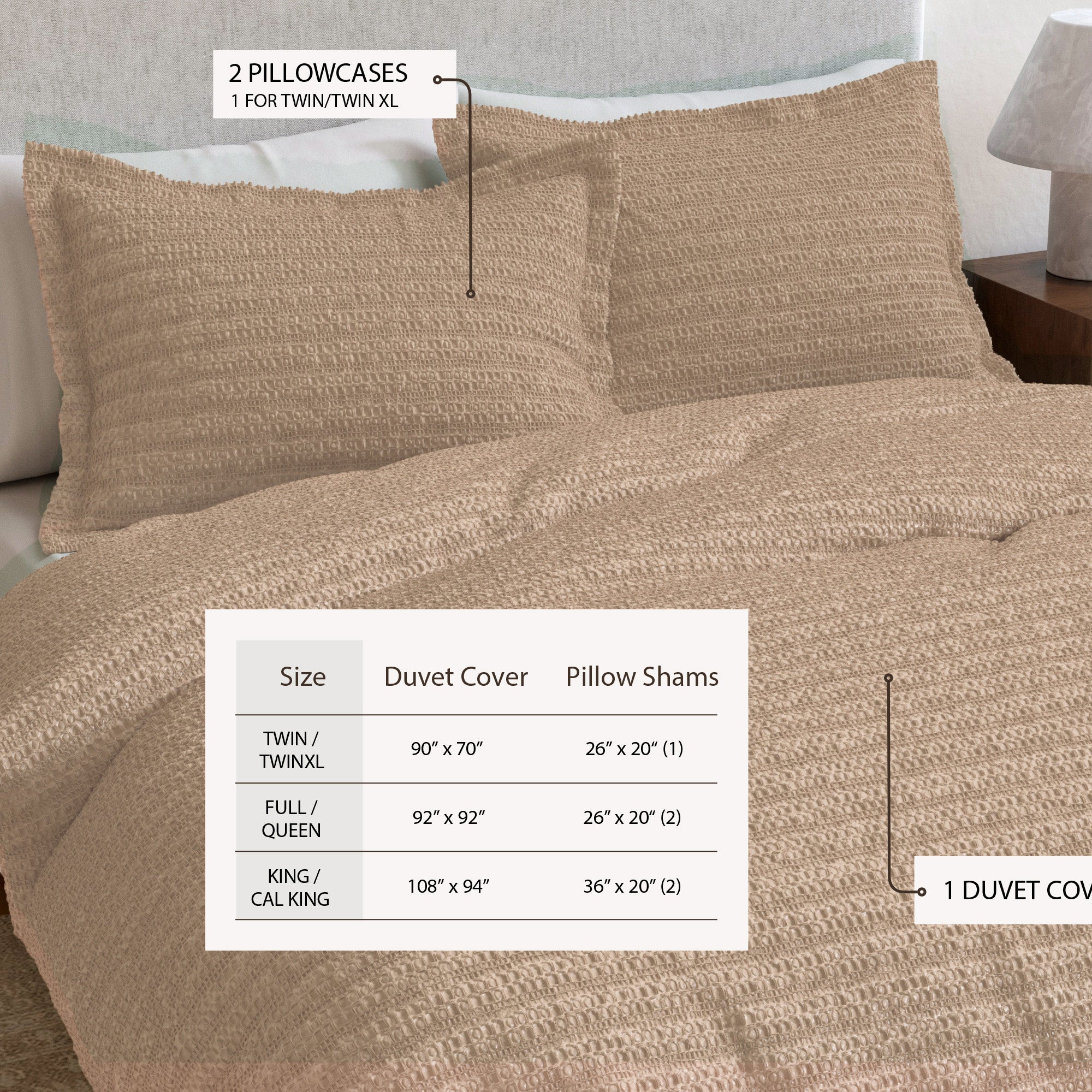 100% Cotton Honeycomb Waffle Textured Duvet Cover with Pillow Shams