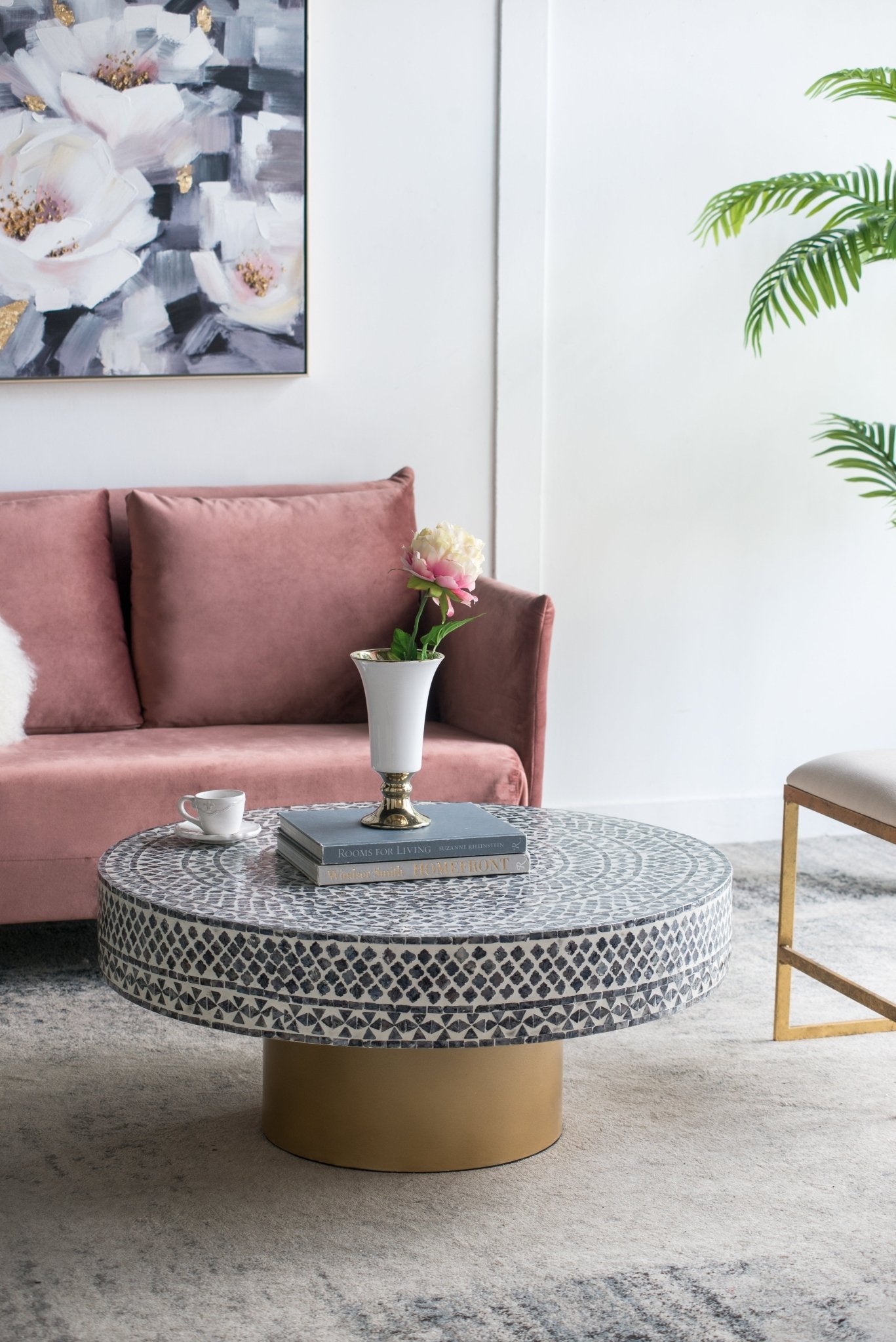 Alacrits Round Coffee Table with Capiz Design and Pedestal Base - Coffee Tables