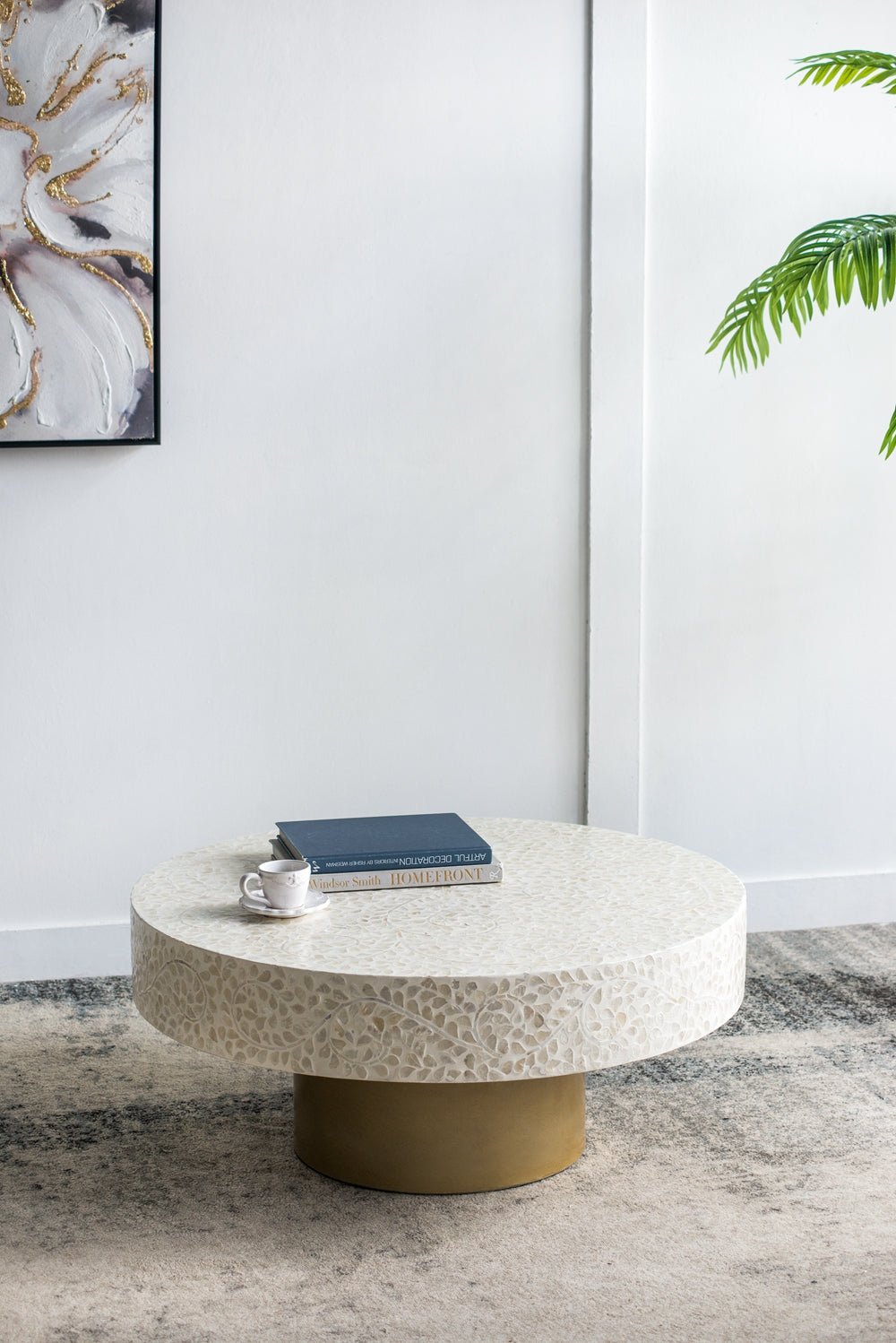 Alacrits Round Coffee Table with Capiz Design and Pedestal Base - Coffee Tables
