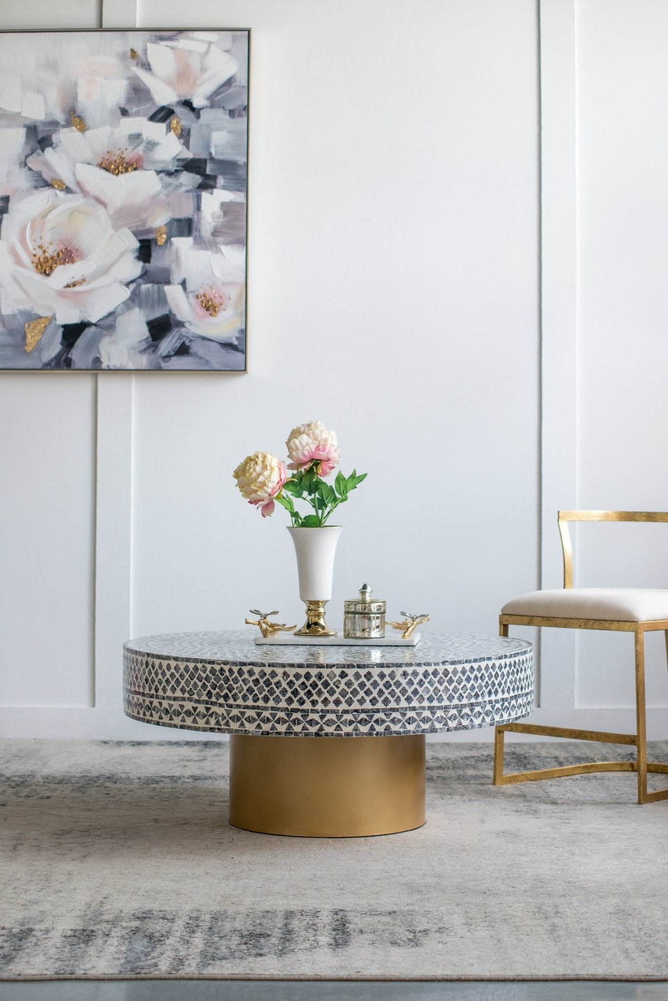 Alacrits Round Coffee Table with Capiz Design and Pedestal Base - Coffee Tables