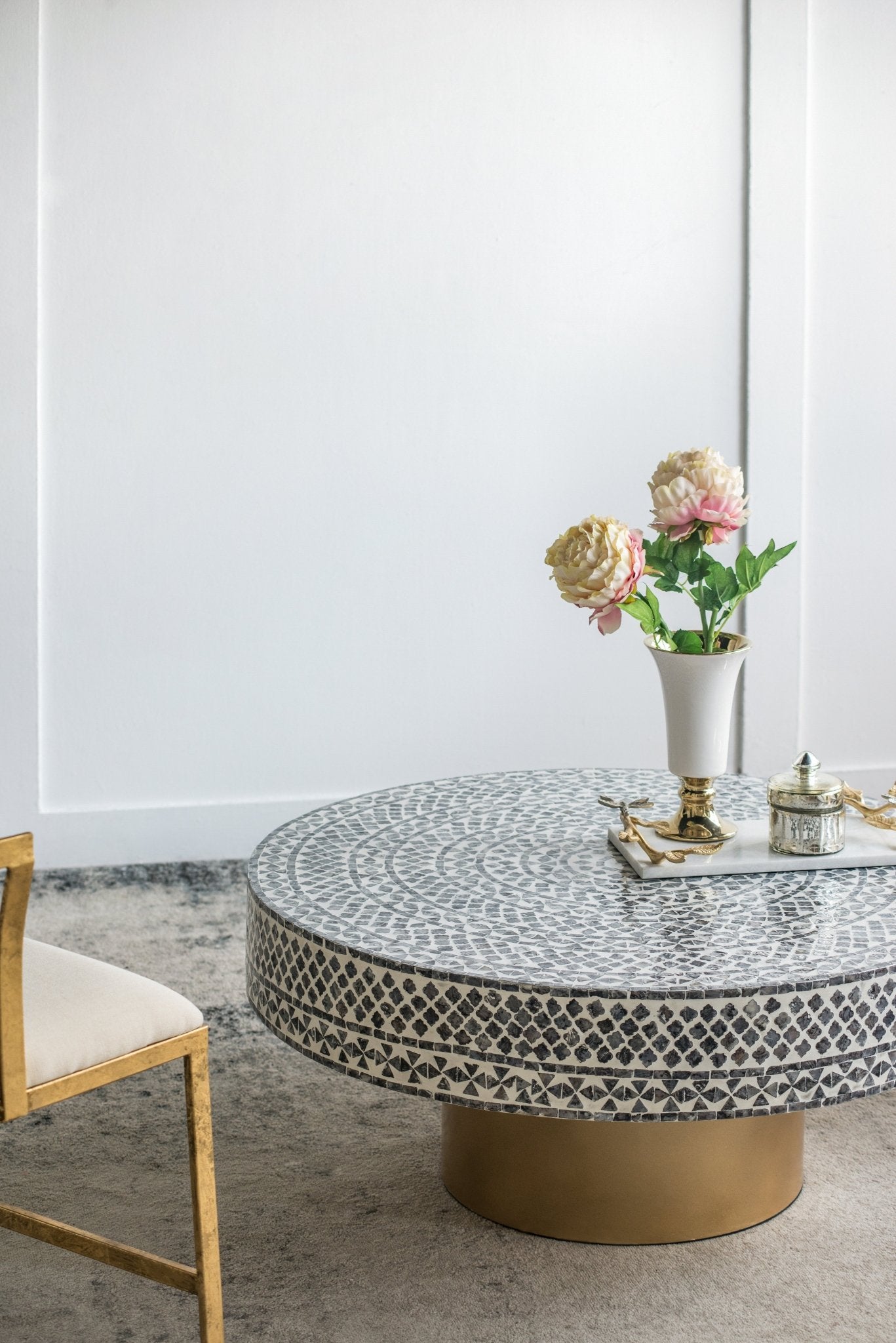 Alacrits Round Coffee Table with Capiz Design and Pedestal Base - Coffee Tables