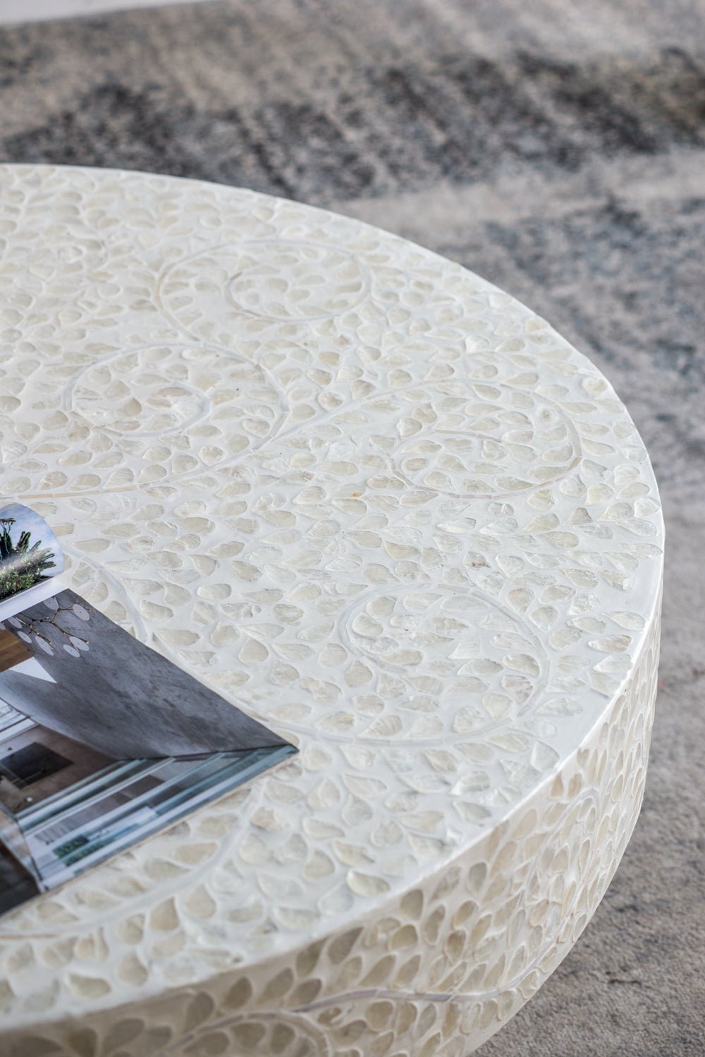 Alacrits Round Coffee Table with Capiz Design and Pedestal Base - Coffee Tables