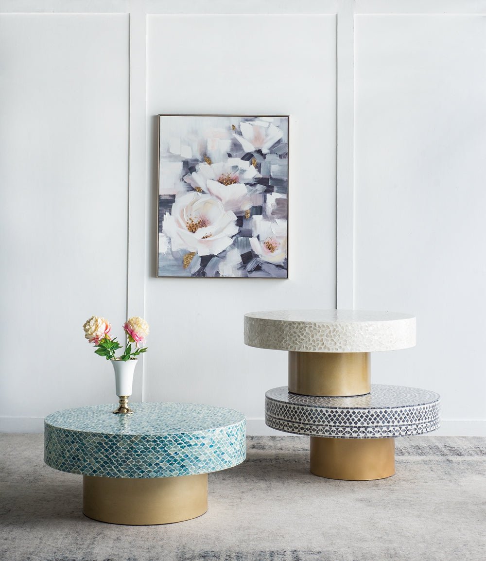 Alacrits Round Coffee Table with Capiz Design and Pedestal Base - Coffee Tables