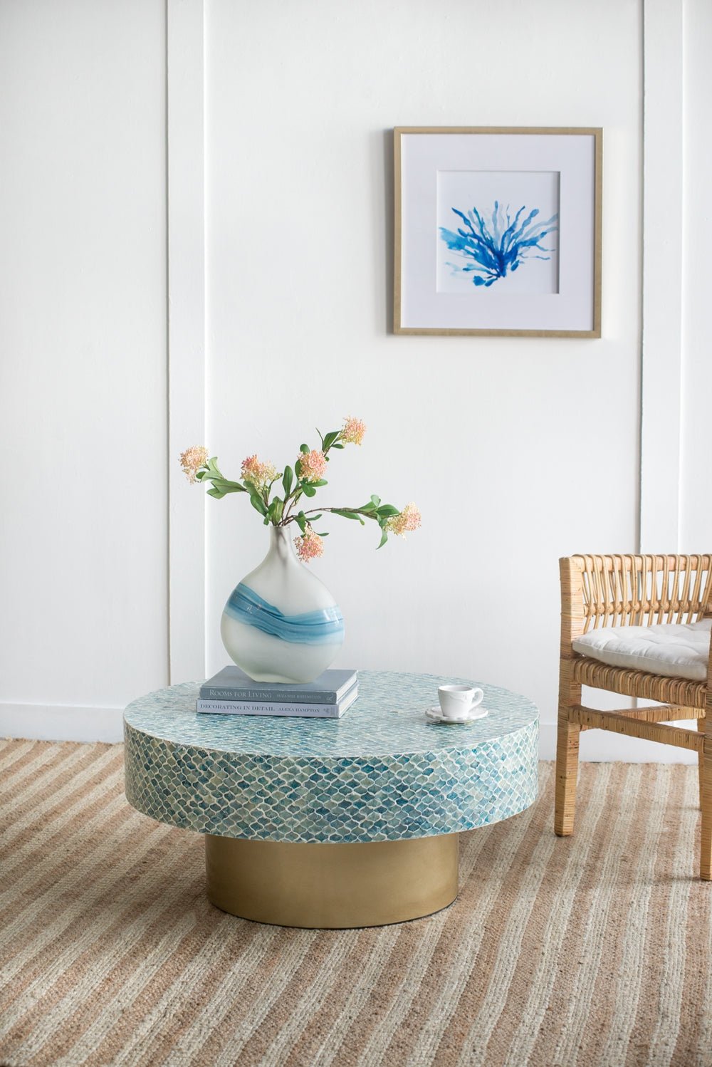 Alacrits Round Coffee Table with Capiz Design and Pedestal Base - Coffee Tables