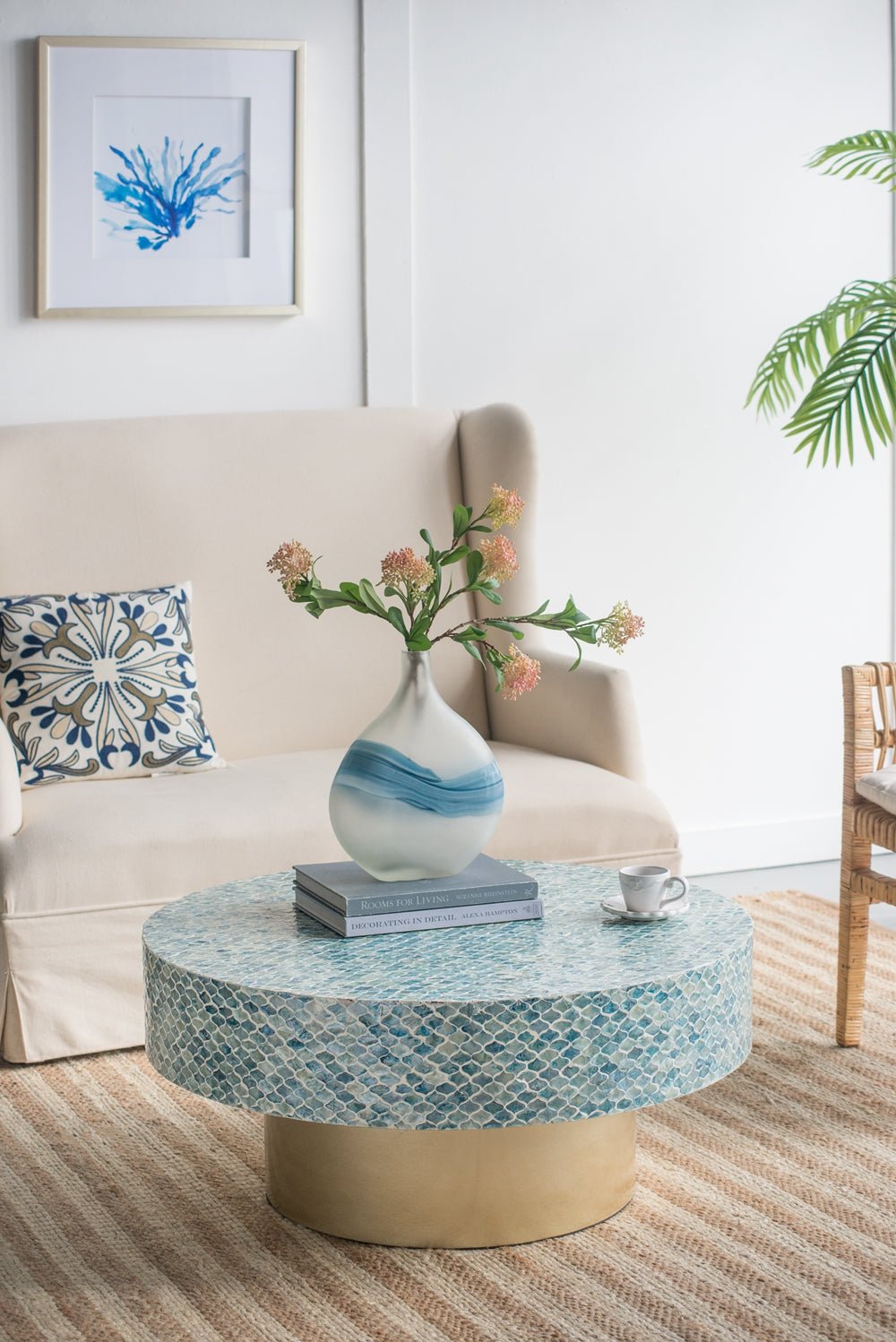 Alacrits Round Coffee Table with Capiz Design and Pedestal Base - Coffee Tables