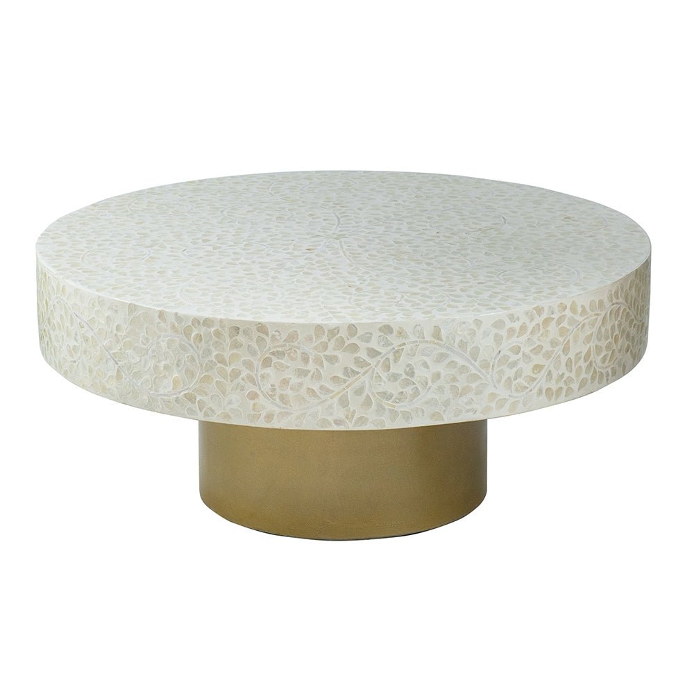 Alacrits Round Coffee Table with Capiz Design and Pedestal Base - Coffee Tables