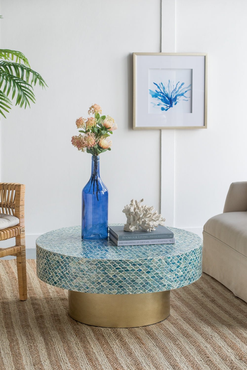 Alacrits Round Coffee Table with Capiz Design and Pedestal Base - Coffee Tables