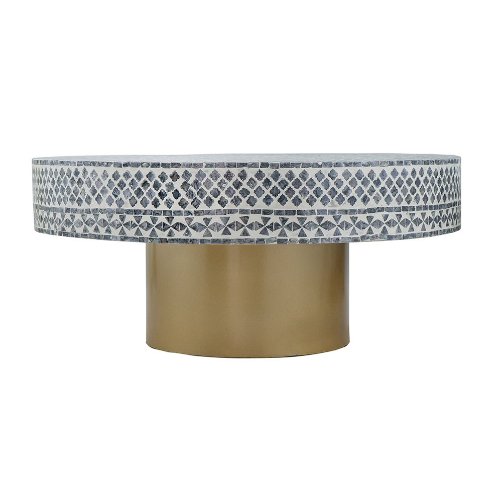 Alacrits Round Coffee Table with Capiz Design and Pedestal Base - Coffee Tables