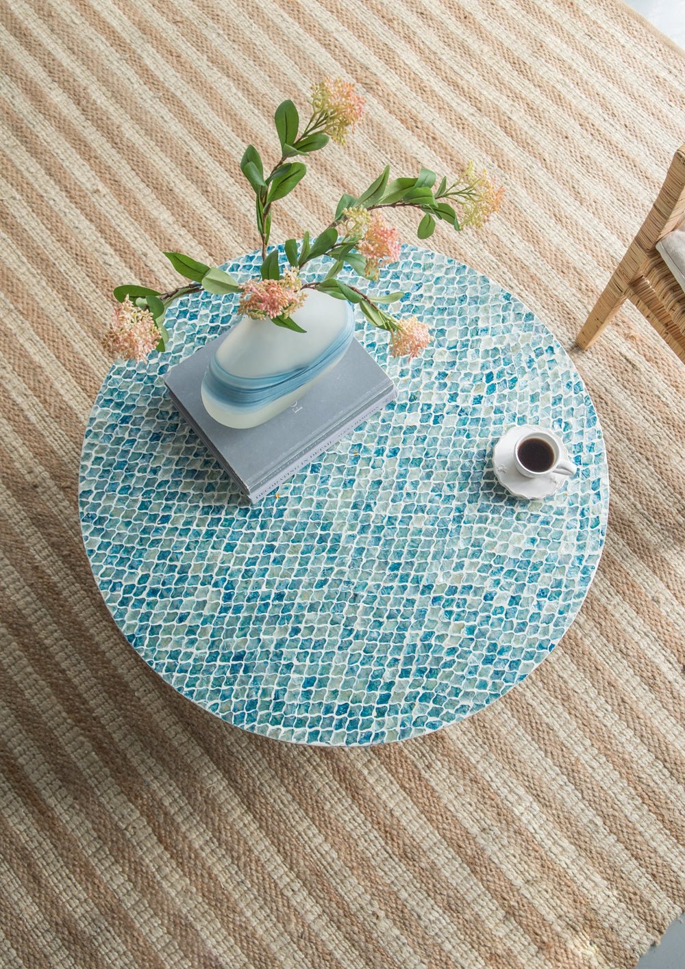 Alacrits Round Coffee Table with Capiz Design and Pedestal Base - Coffee Tables