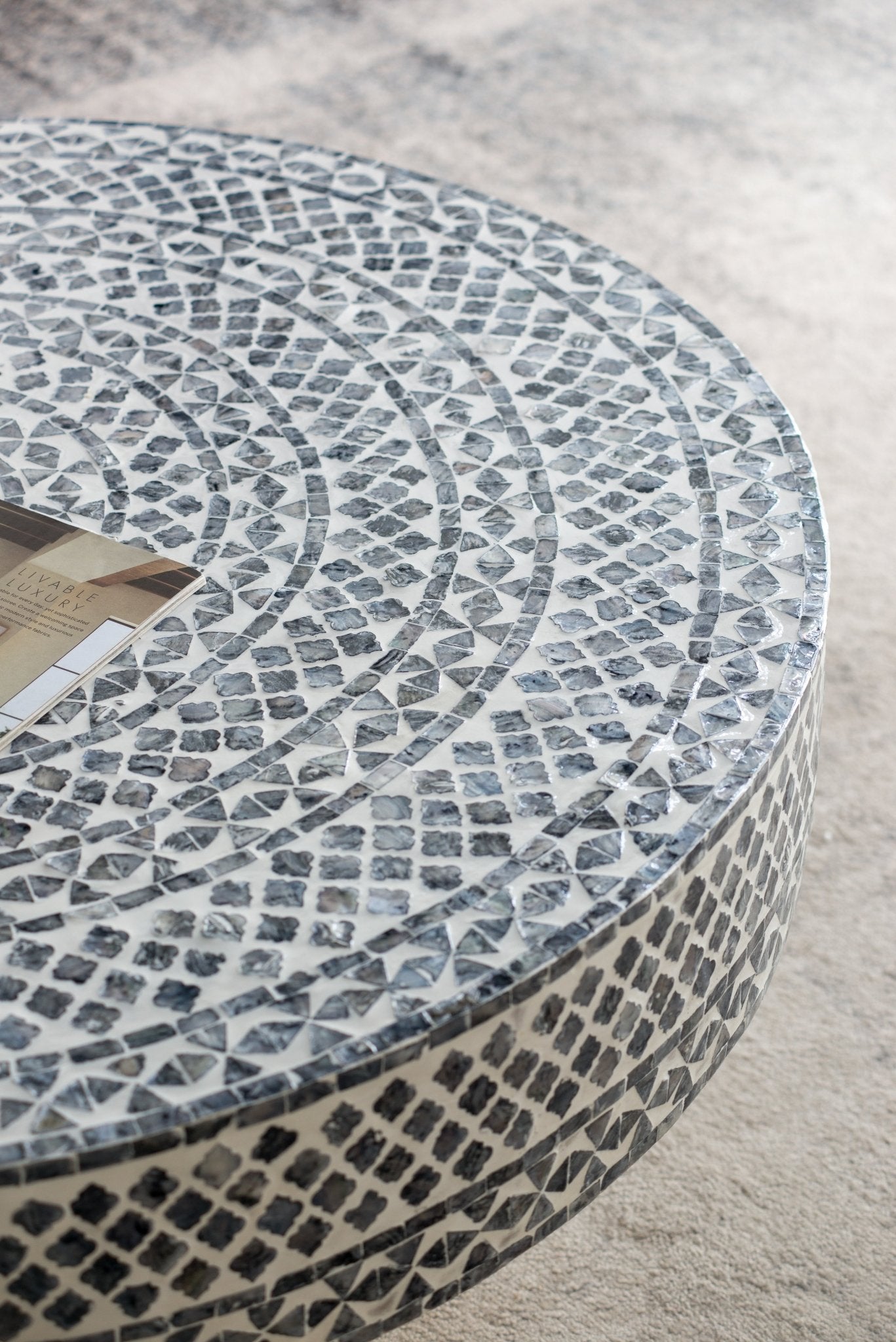 Alacrits Round Coffee Table with Capiz Design and Pedestal Base - Coffee Tables