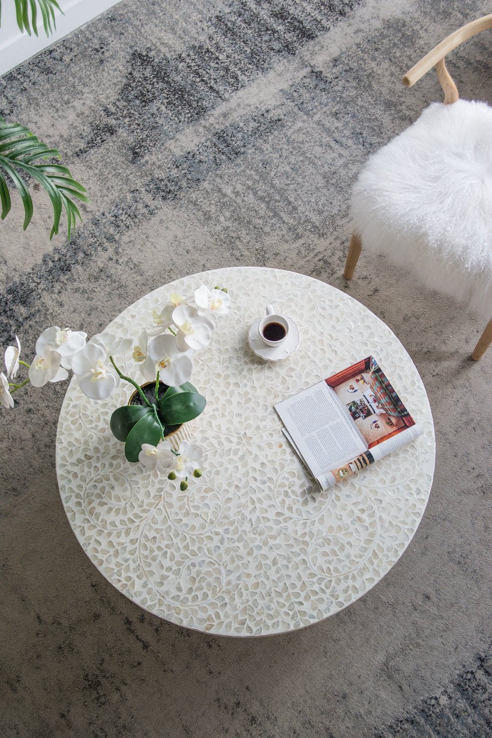 Alacrits Round Coffee Table with Capiz Design and Pedestal Base - Coffee Tables