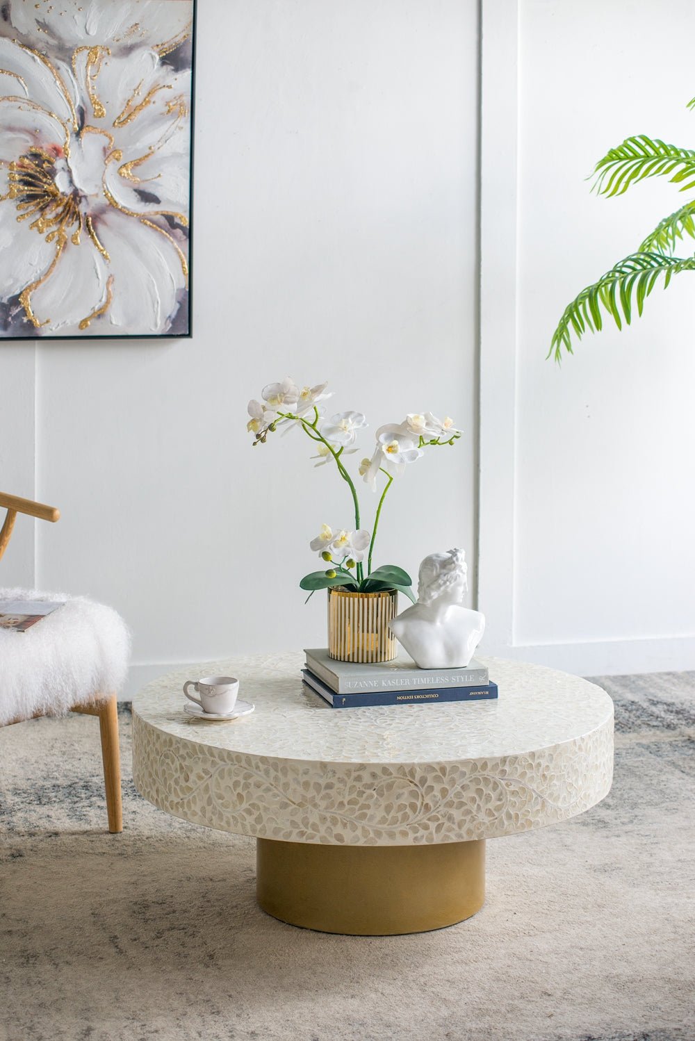 Alacrits Round Coffee Table with Capiz Design and Pedestal Base - Coffee Tables