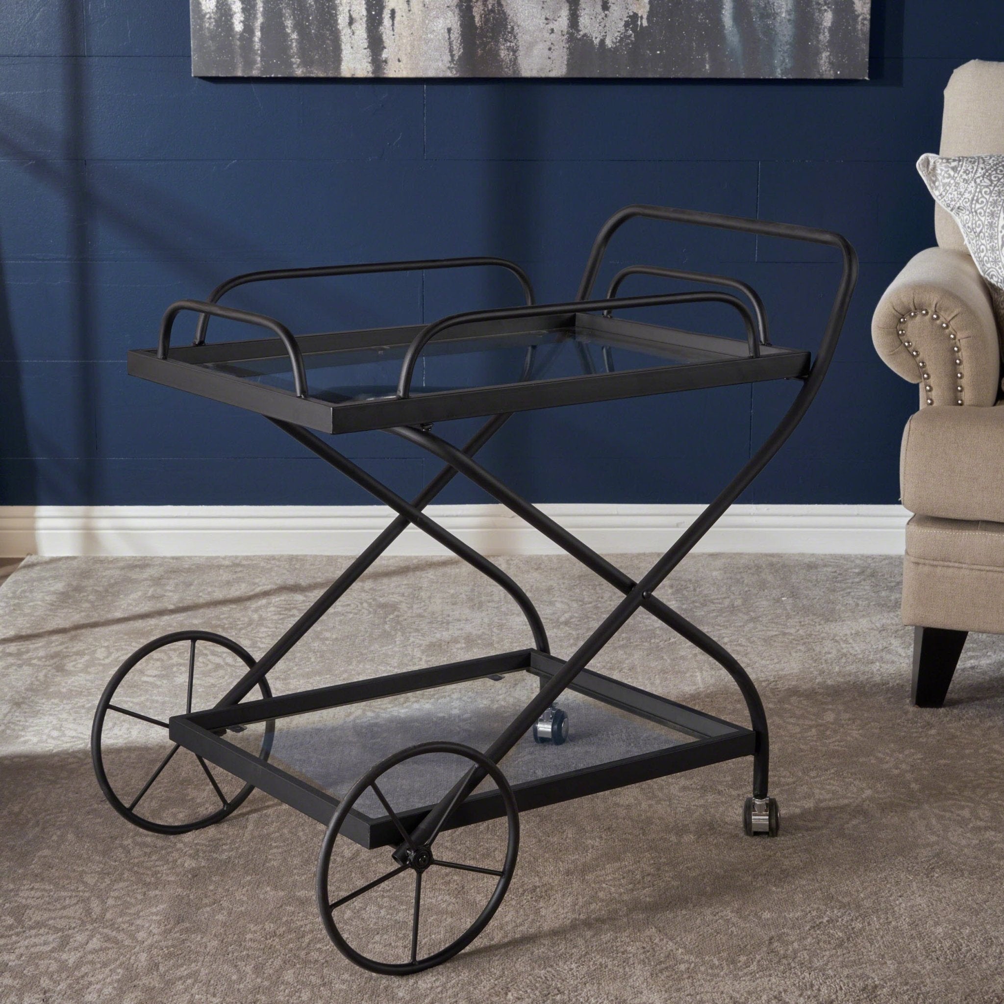Allegro Outdoor Bar Cart with 2 Tempered Glass Shelves and Metal Frame - Bar Carts
