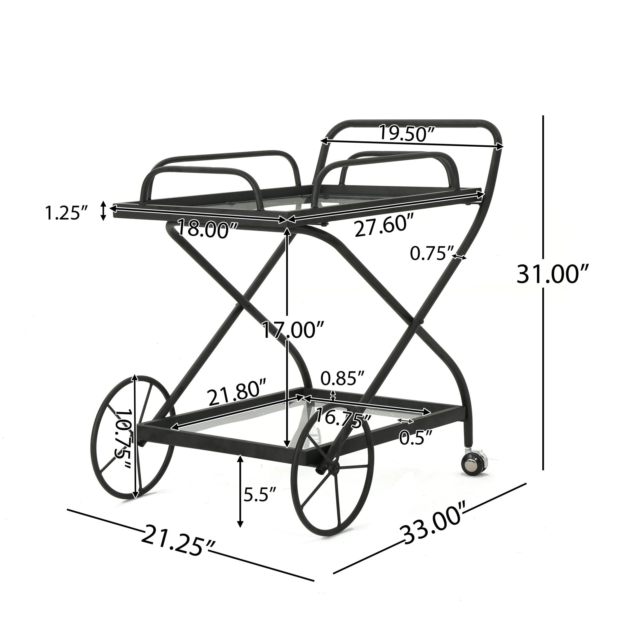 Allegro Outdoor Bar Cart with 2 Tempered Glass Shelves and Metal Frame - Bar Carts