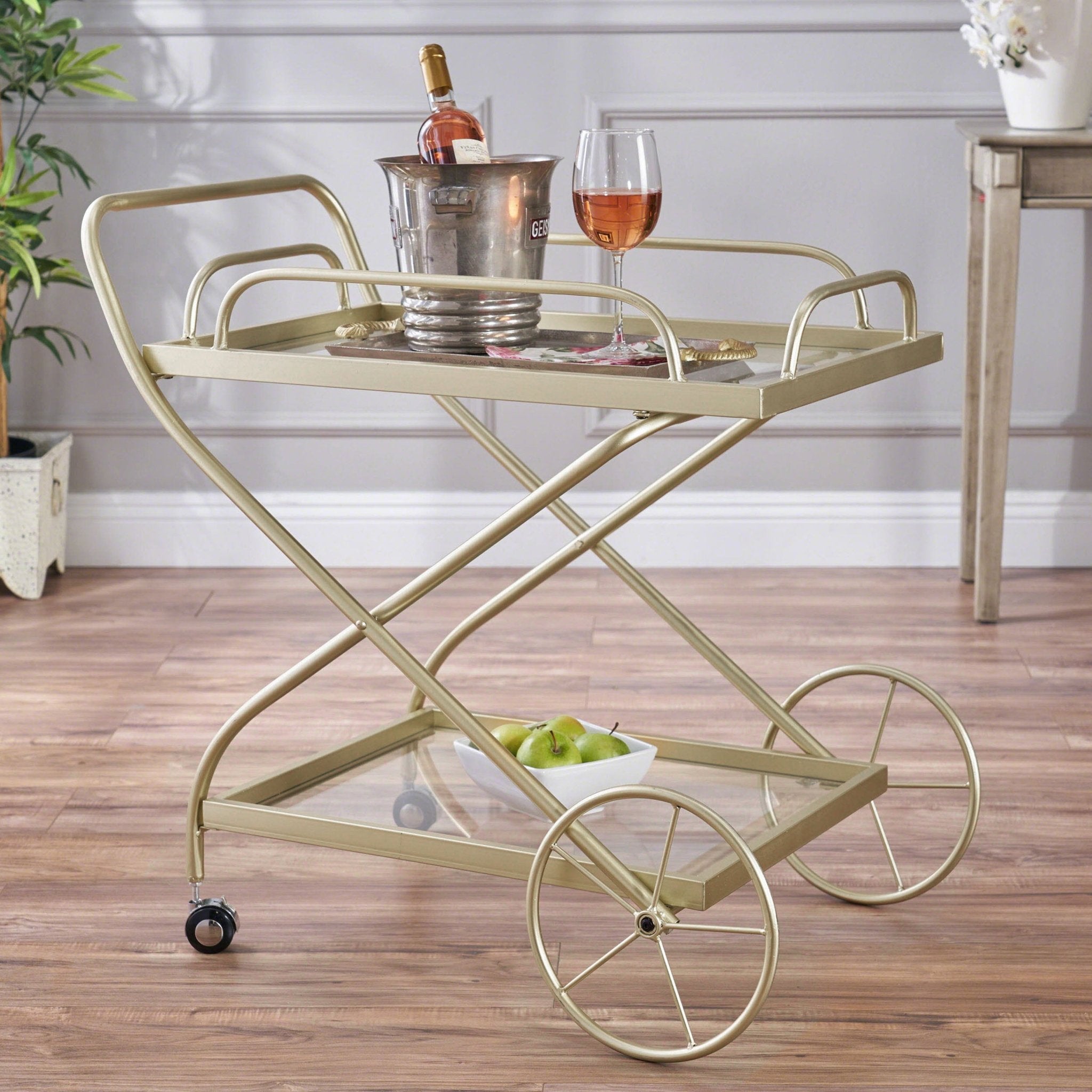 Allegro Outdoor Bar Cart with 2 Tempered Glass Shelves and Metal Frame - Bar Carts