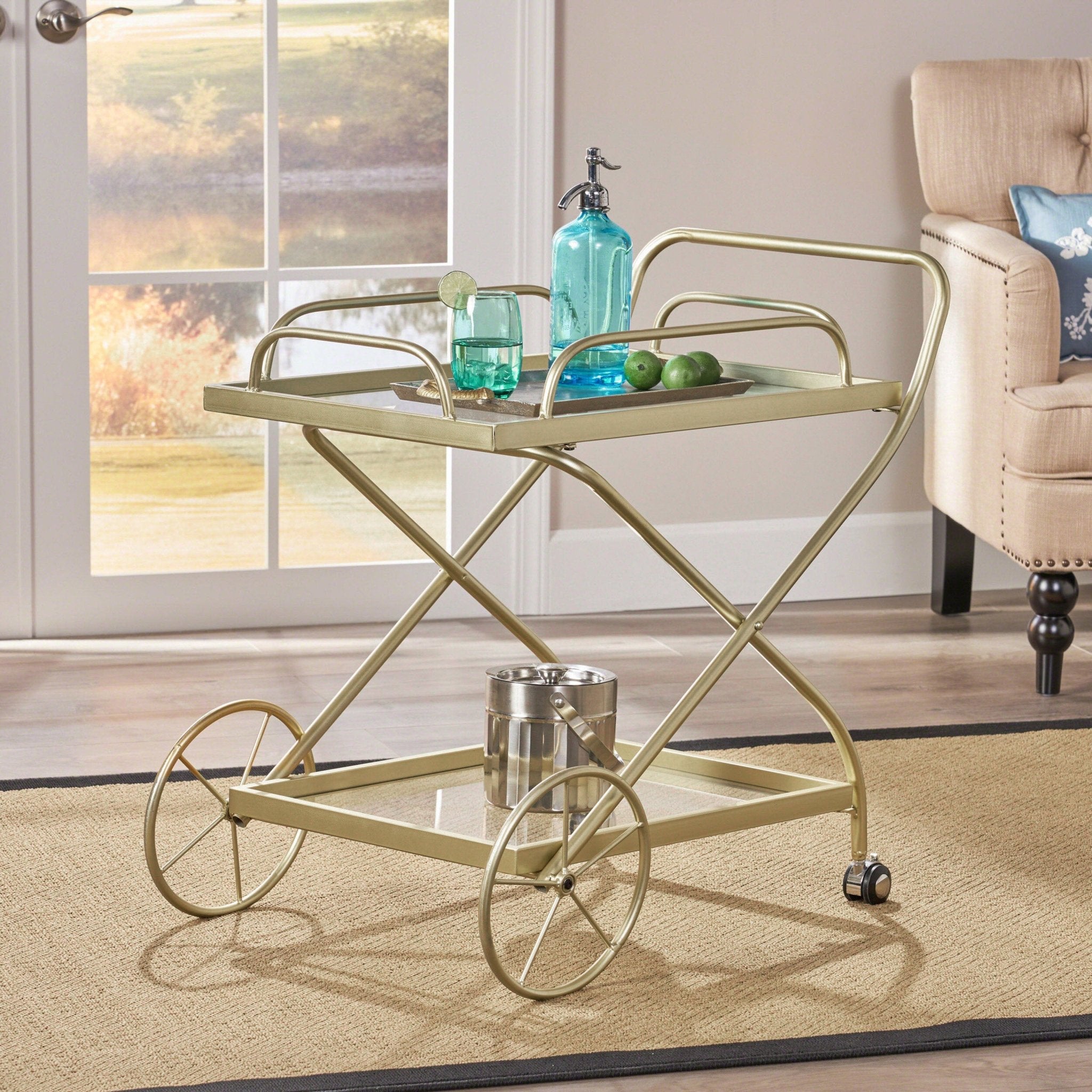 Allegro Outdoor Bar Cart with 2 Tempered Glass Shelves and Metal Frame - Bar Carts