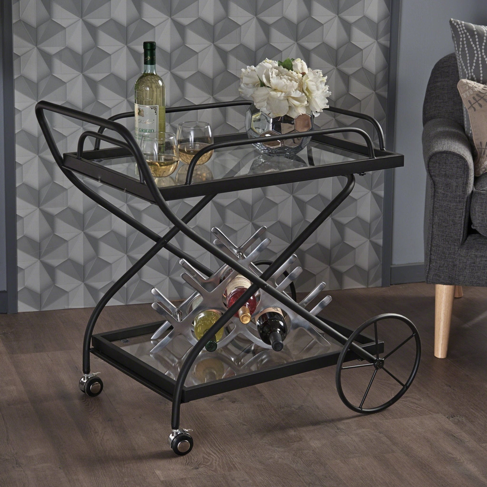 Allegro Outdoor Bar Cart with 2 Tempered Glass Shelves and Metal Frame - Bar Carts