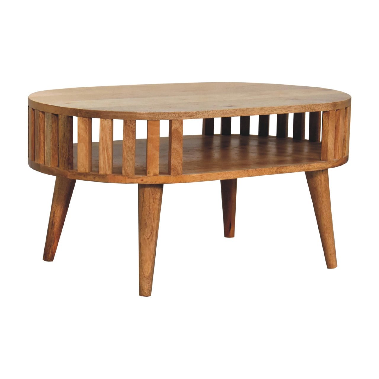 Alliance Oval Coffee Table with Open Shelf and Vertical Slats Side - Coffee Tables