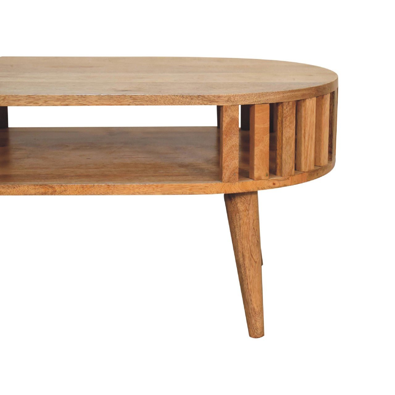 Alliance Oval Coffee Table with Open Shelf and Vertical Slats Side - Coffee Tables