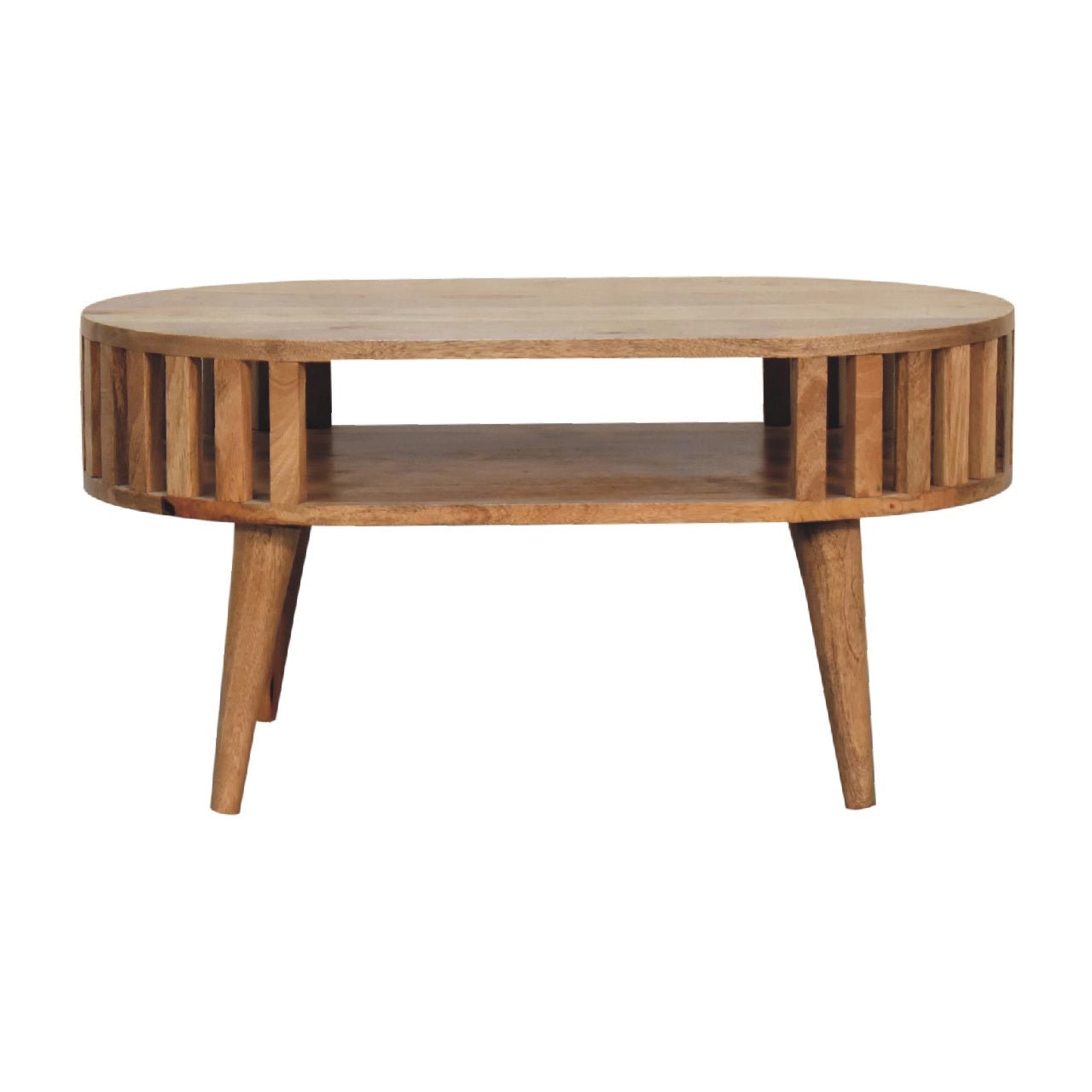 Alliance Oval Coffee Table with Open Shelf and Vertical Slats Side - Coffee Tables