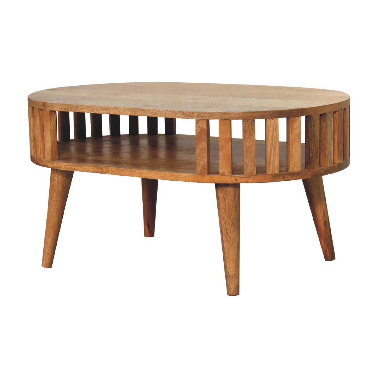 Alliance Oval Coffee Table with Open Shelf and Vertical Slats Side - Coffee Tables