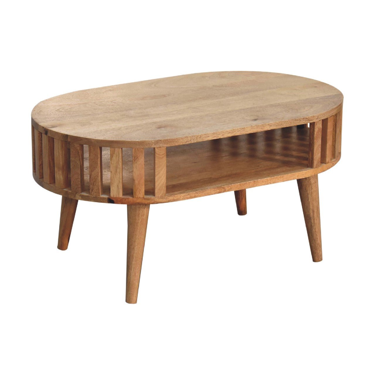 Alliance Oval Coffee Table with Open Shelf and Vertical Slats Side - Coffee Tables