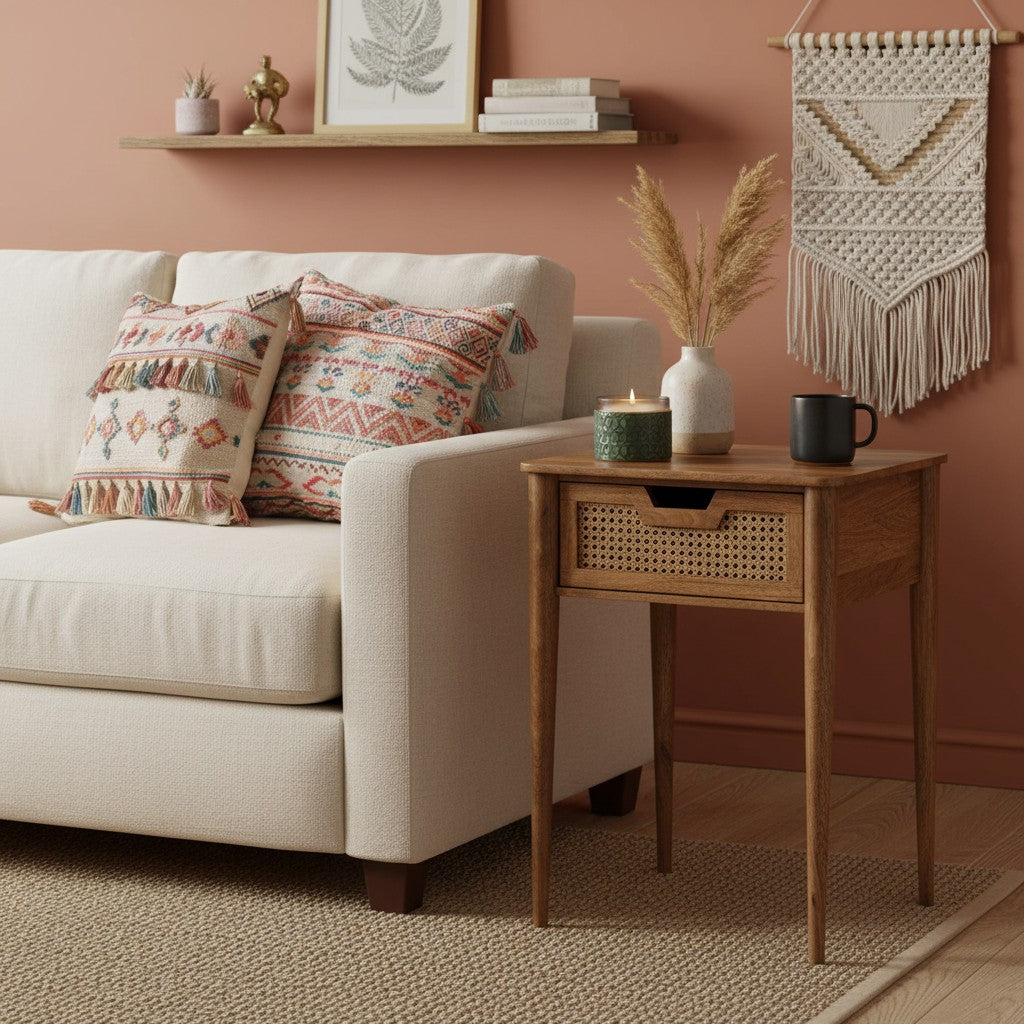 Square Brown Solid Wood With Rattan Accent End Table