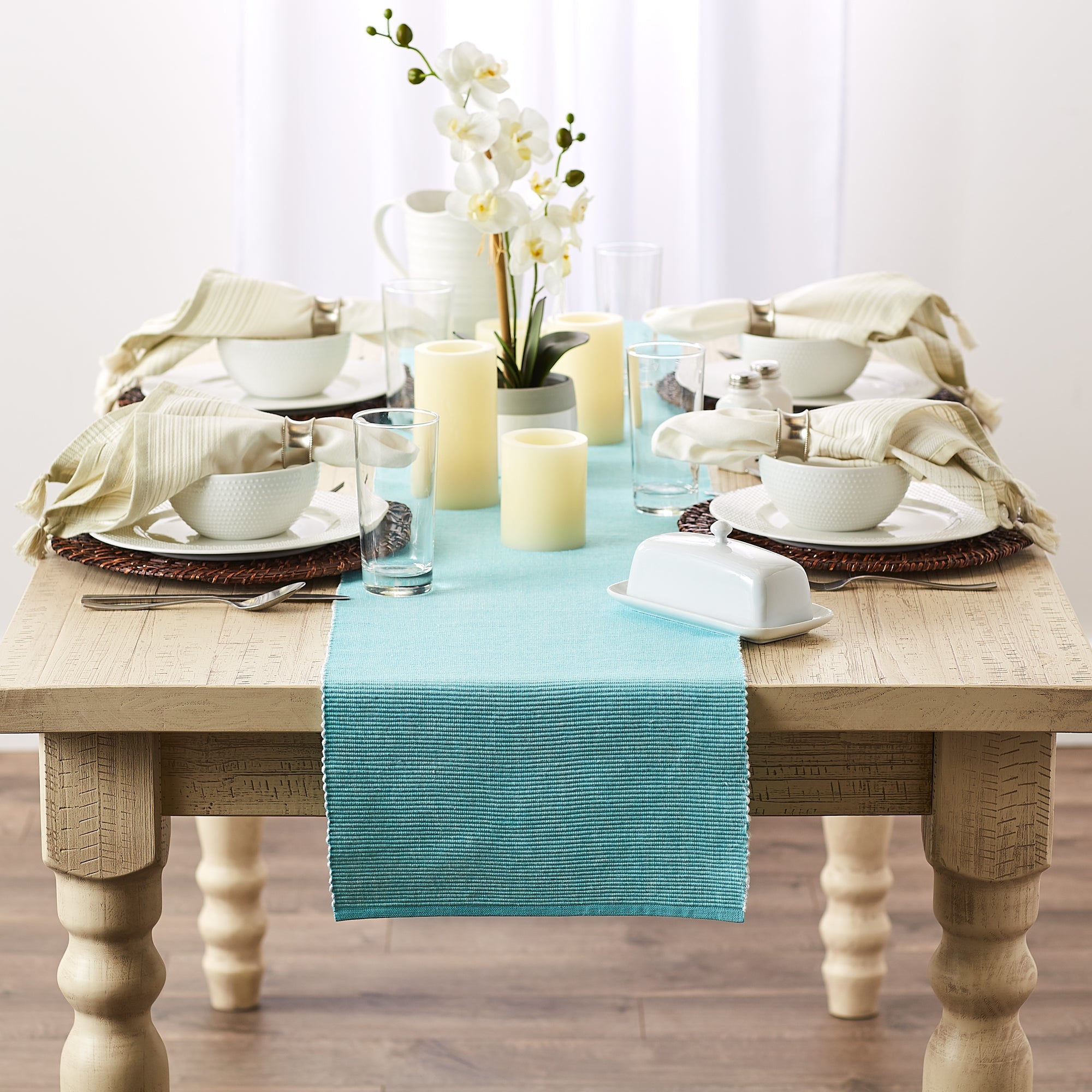 Aqua/White 2 - Tone Ribbed Table Runner 13X108 - Table Runners