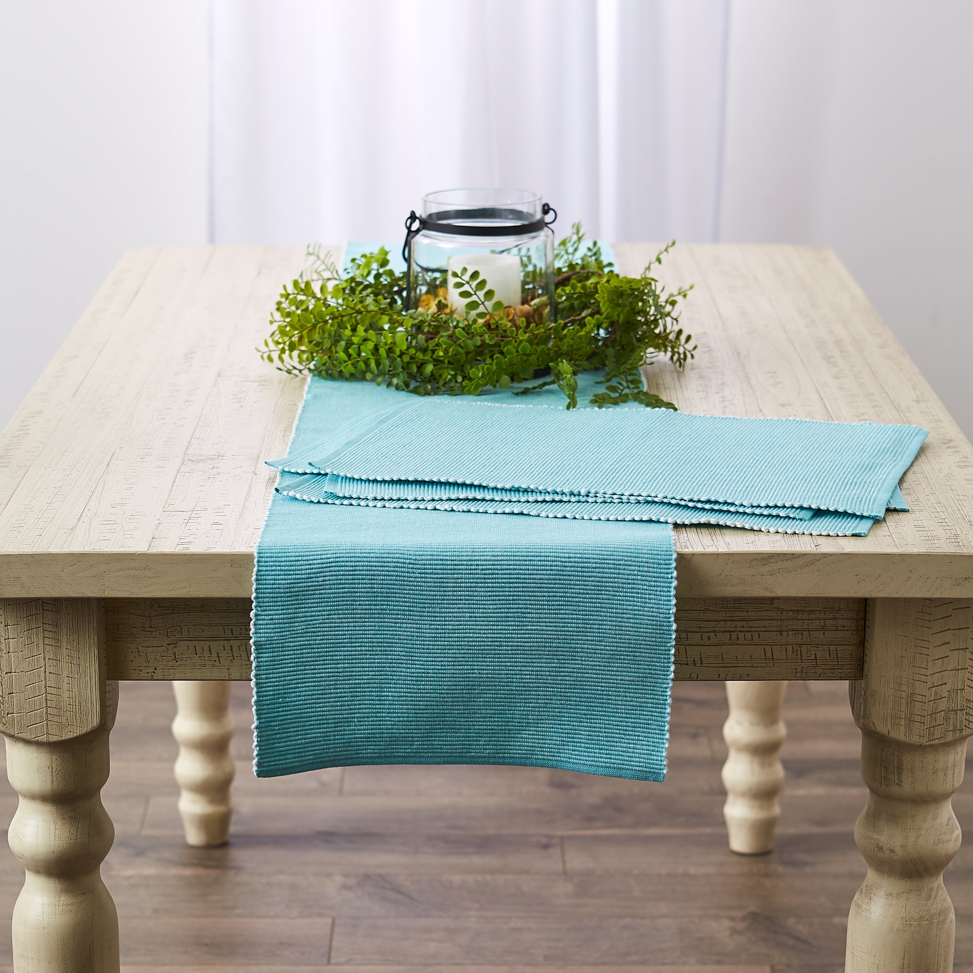 Aqua/White 2 - Tone Ribbed Table Runner 13X108 - Table Runners