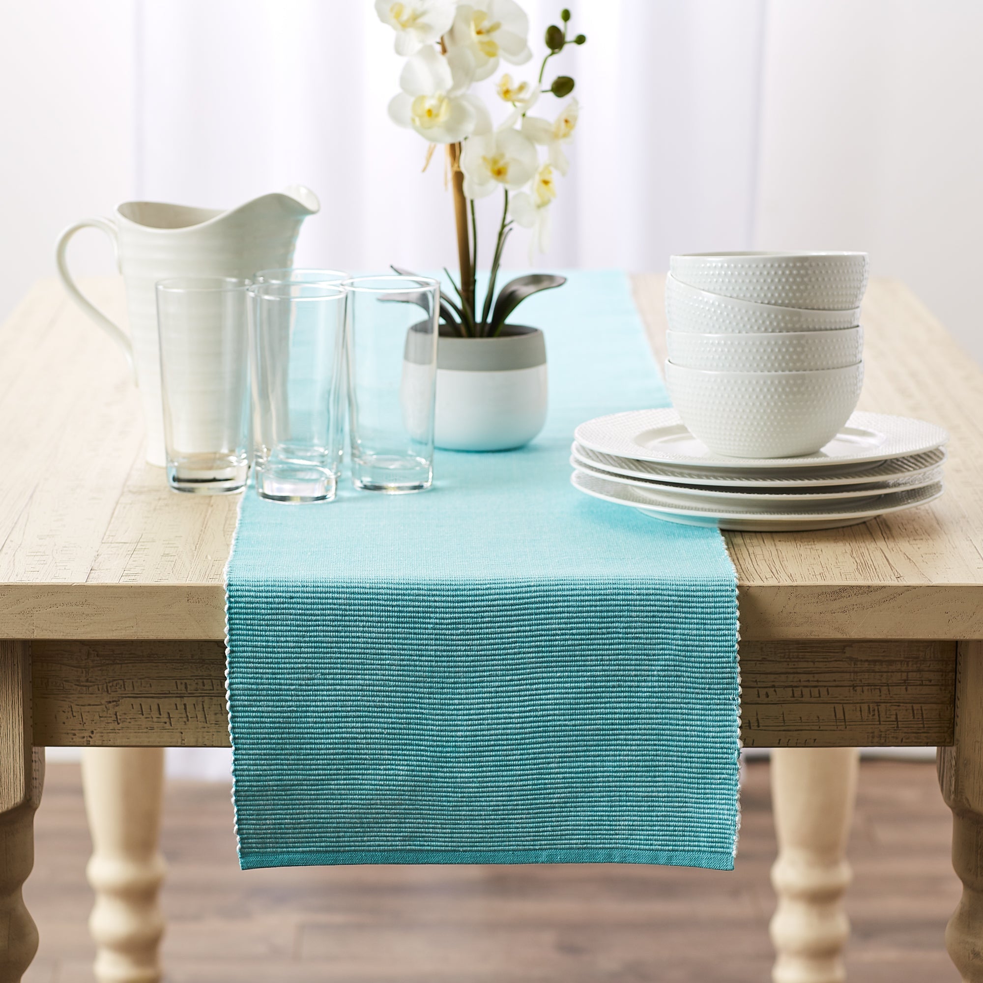 Aqua/White 2 - Tone Ribbed Table Runner 13X108 - Table Runners