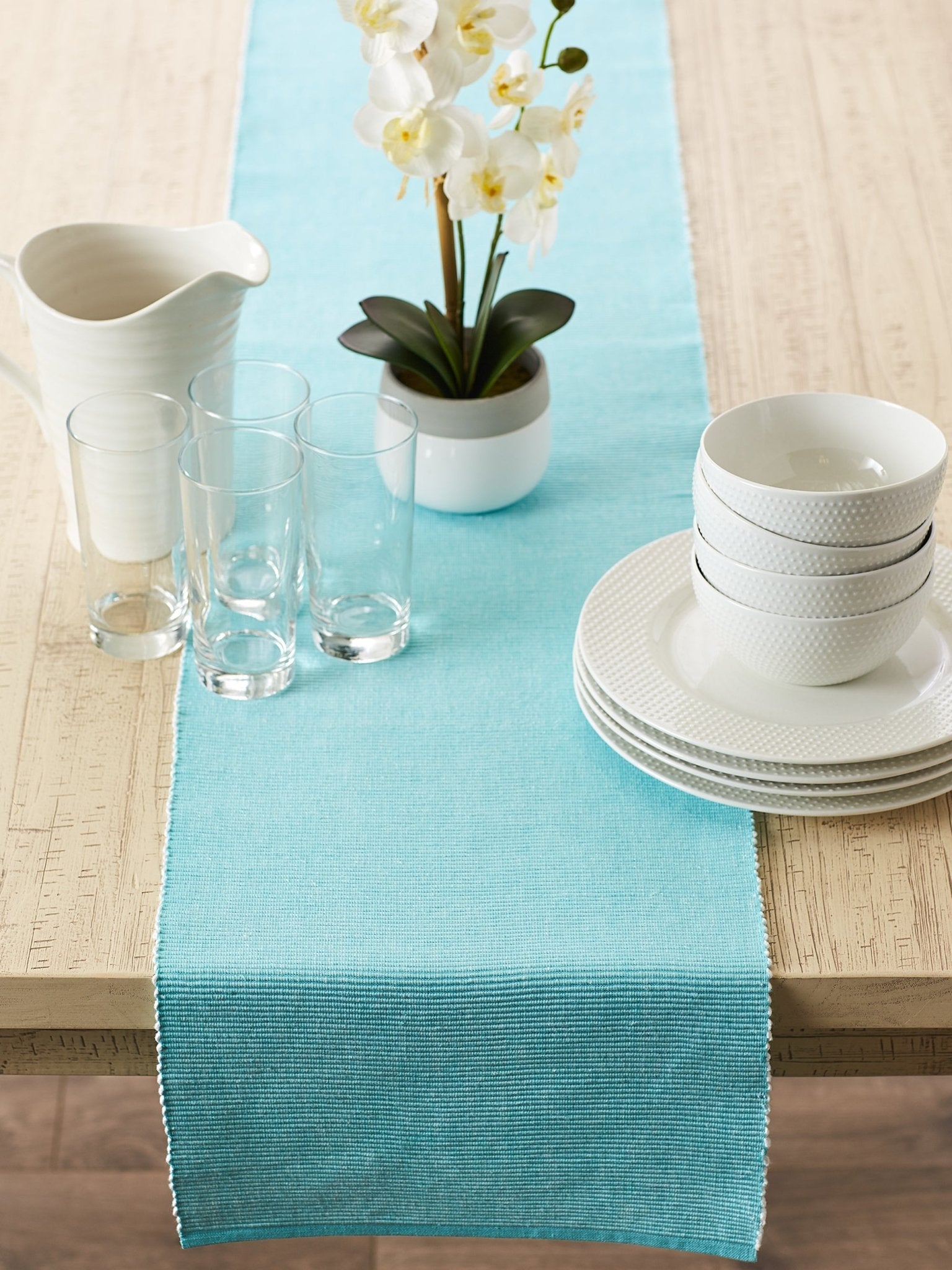 Aqua/White 2 - Tone Ribbed Table Runner 13X108 - Table Runners