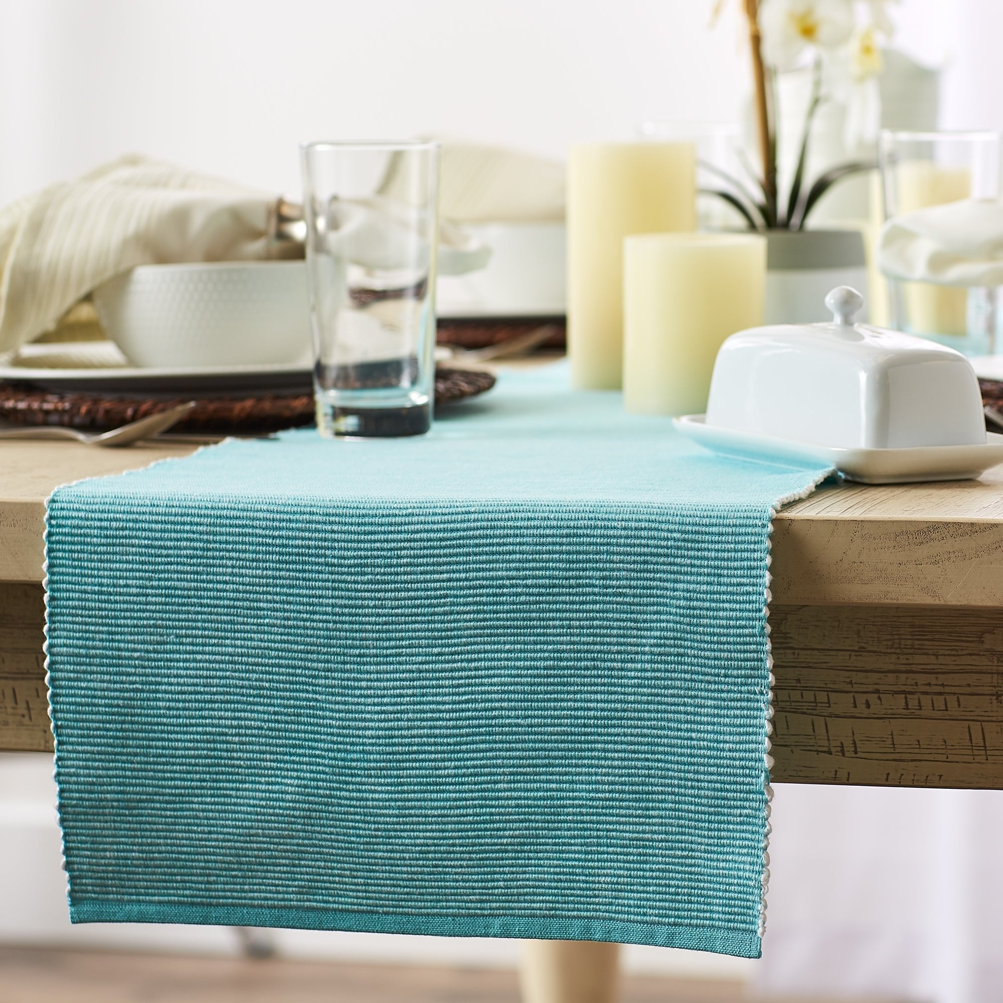 Aqua/White 2 - Tone Ribbed Table Runner 13X72 - Table Runners