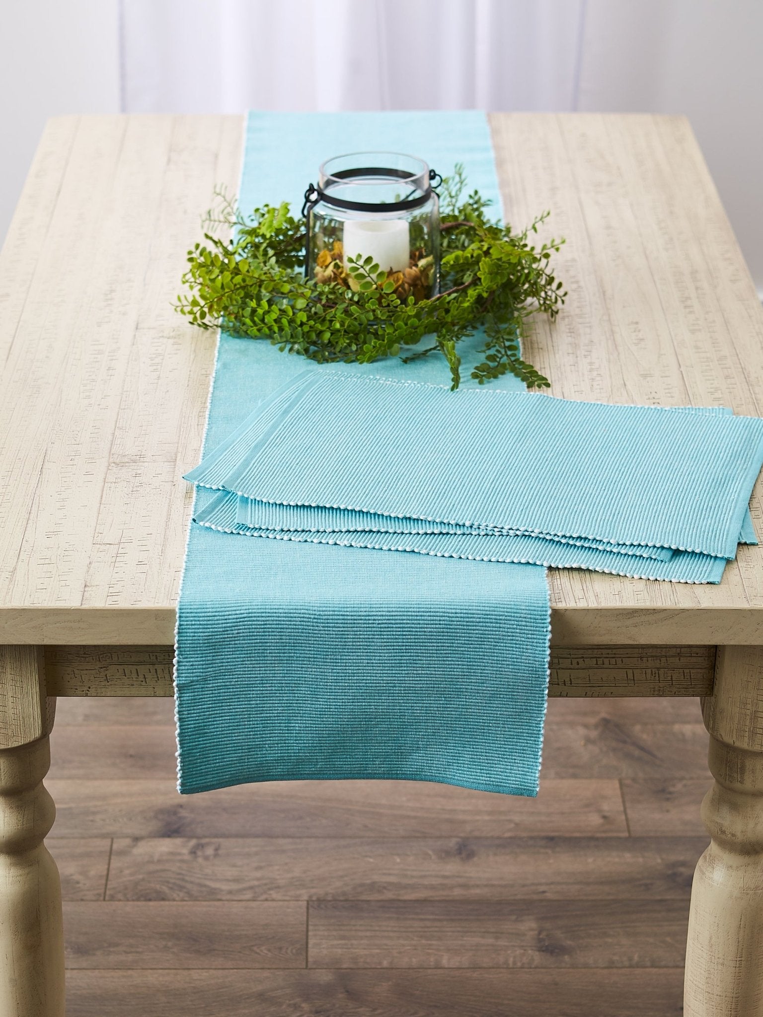 Aqua/White 2 - Tone Ribbed Table Runner 13X72 - Table Runners