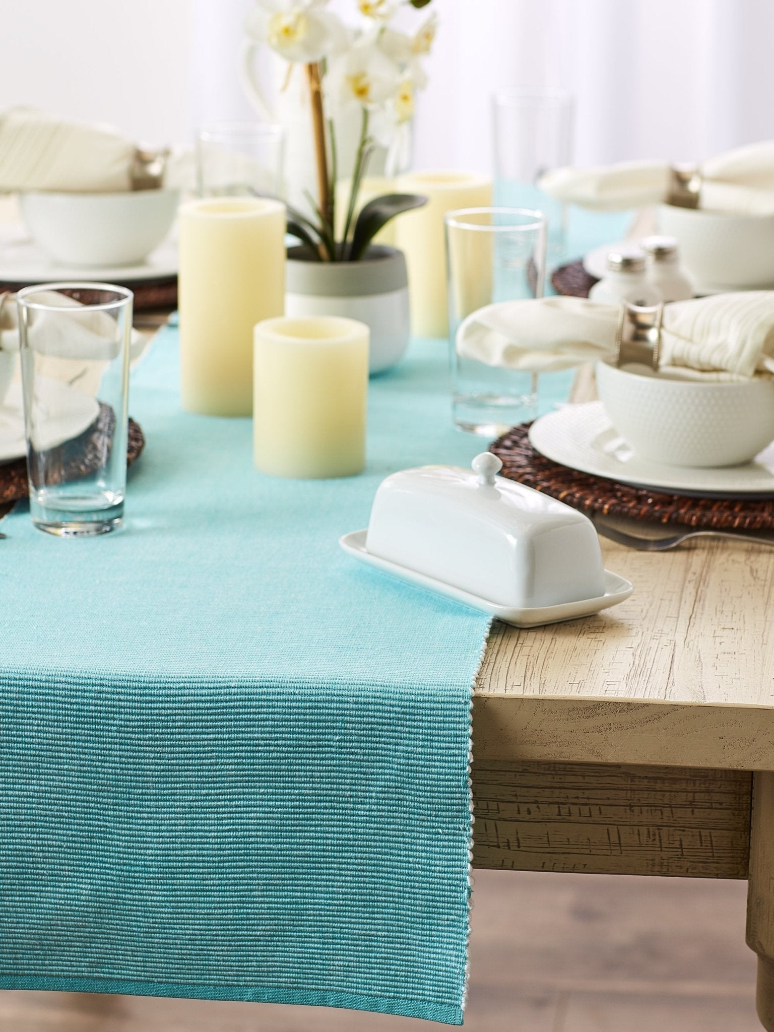 Aqua/White 2 - Tone Ribbed Table Runner 13X72 - Table Runners