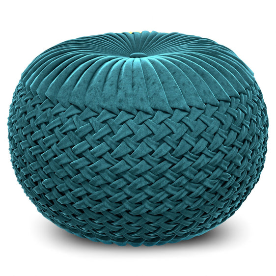 Aurorae Velvet Round Pouf with Button Tufted Pleated Top and Woven Detailed Sides - Pouf