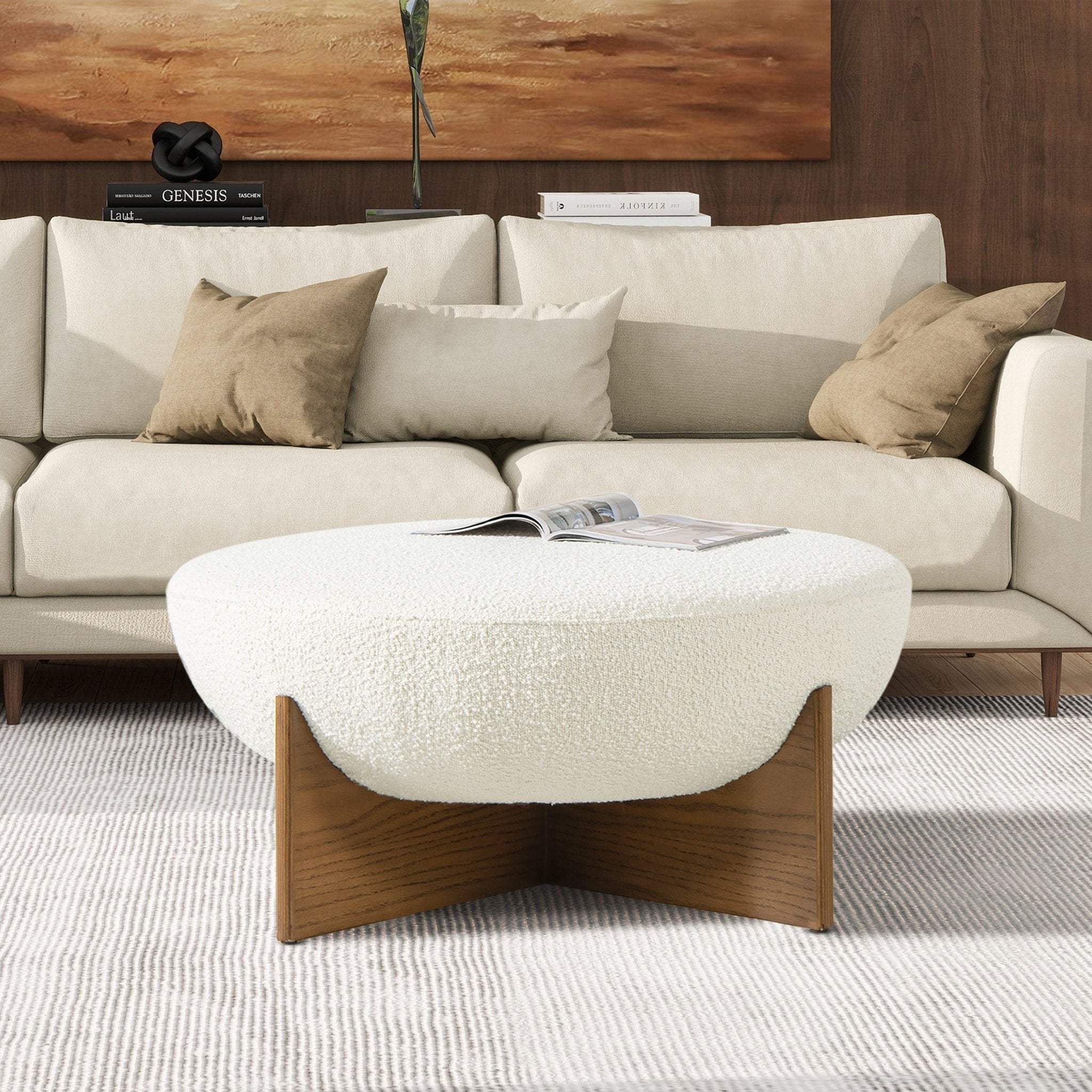 Aviation Round Upholstered Cocktail Ottoman with Natural Wood Base - Ottomans