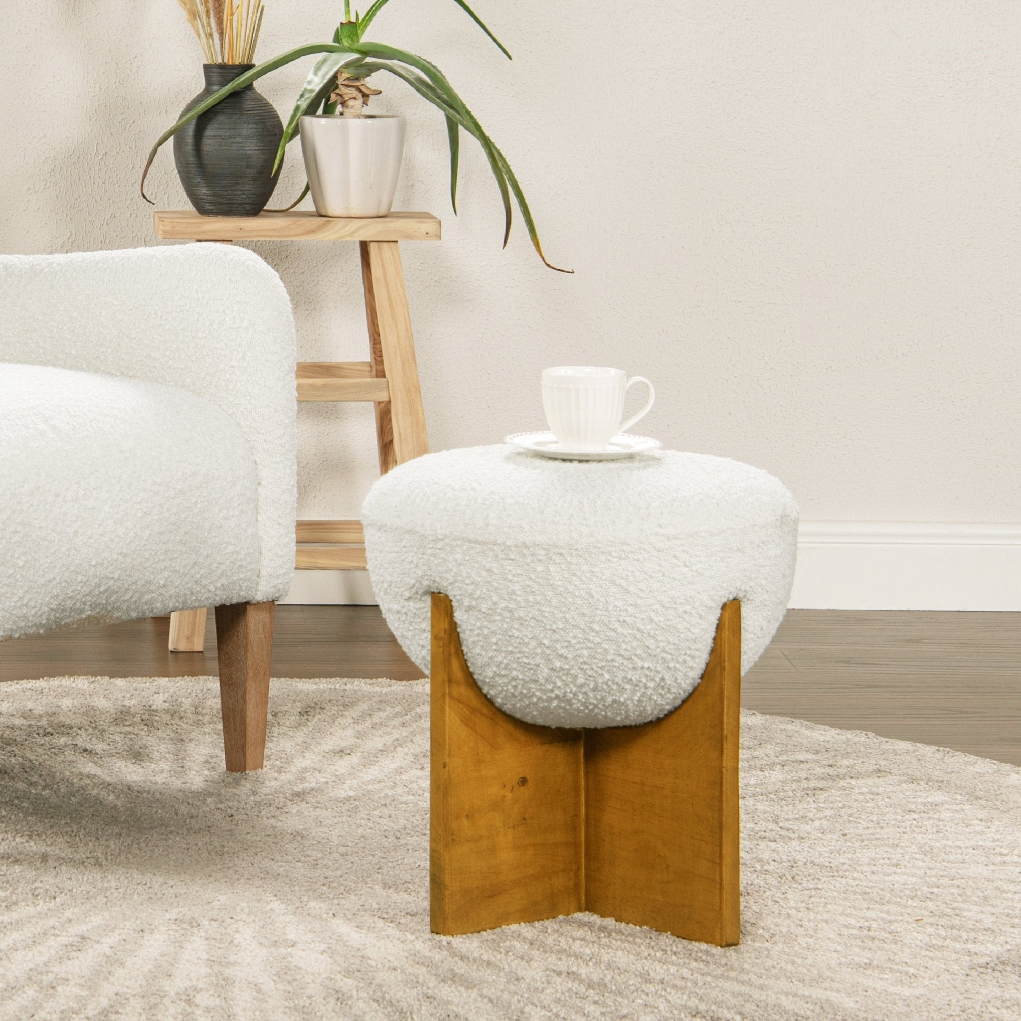 Aviation Round Upholstered Cocktail Ottoman with Natural Wood Base - Ottomans