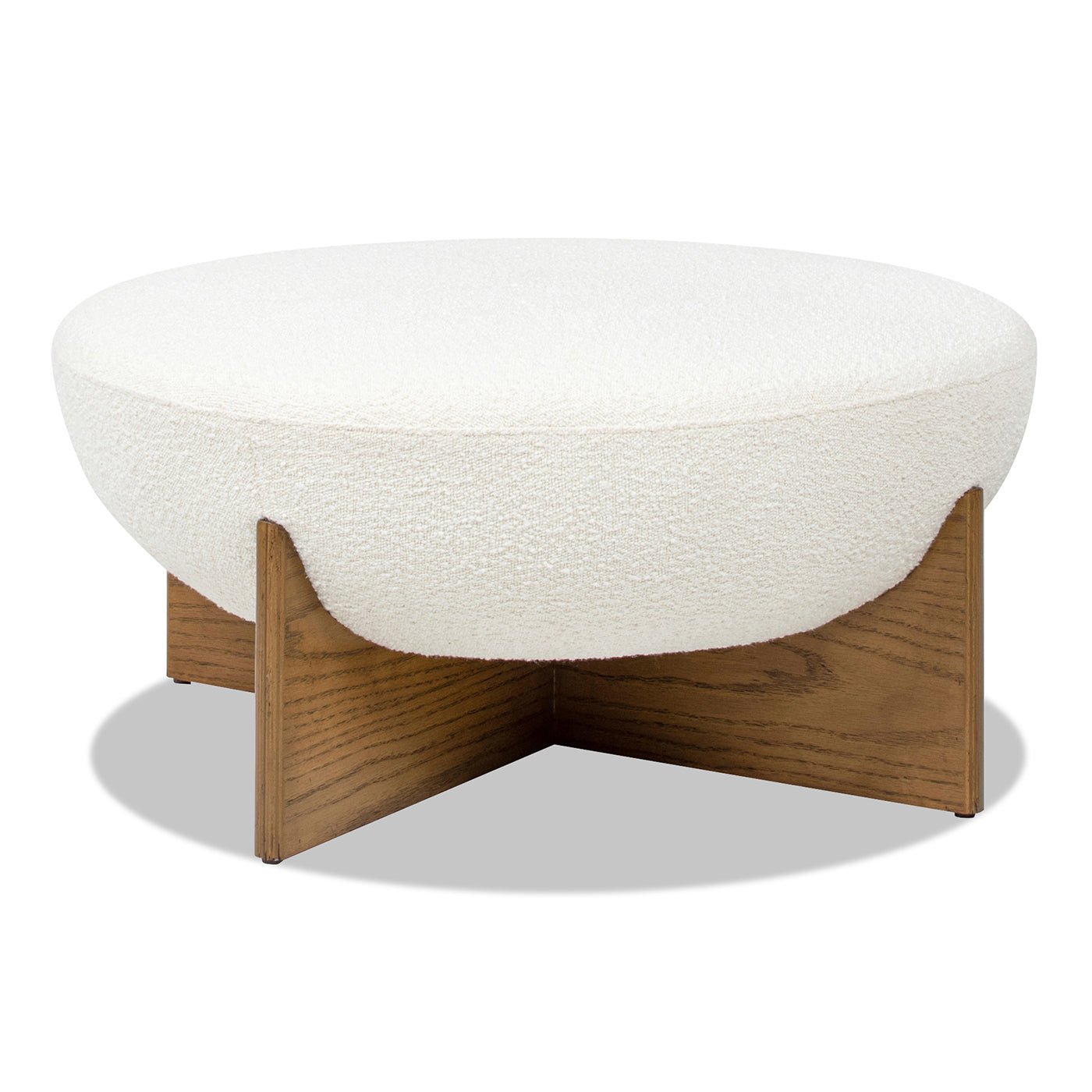 Aviation Round Upholstered Cocktail Ottoman with Natural Wood Base - Ottomans