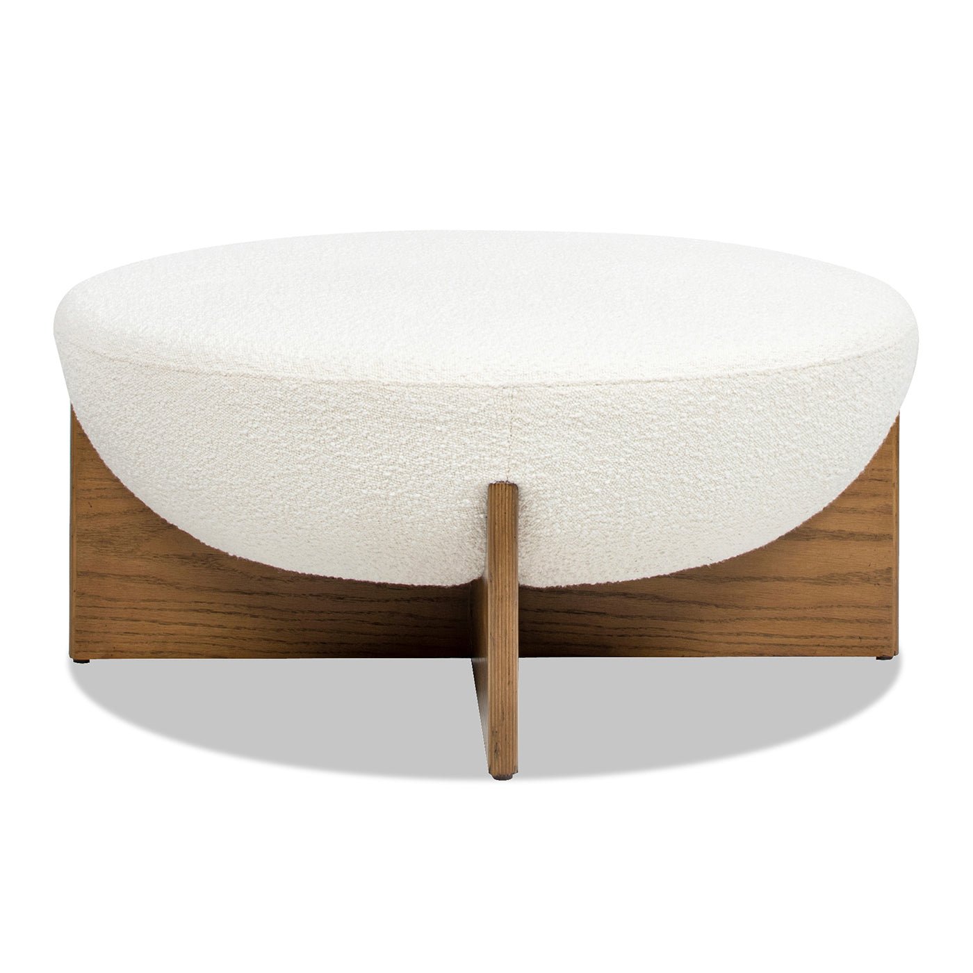 Aviation Round Upholstered Cocktail Ottoman with Natural Wood Base - Ottomans