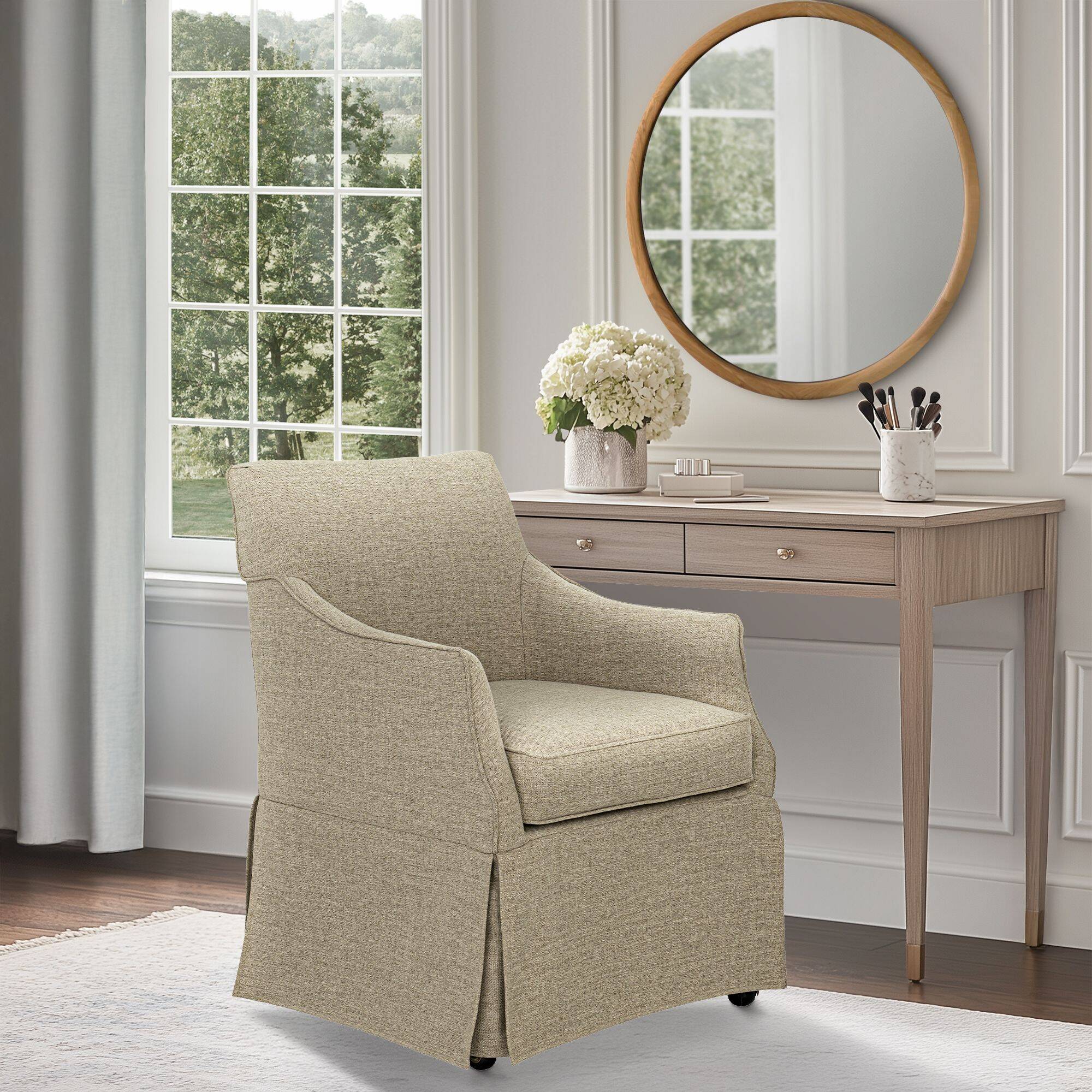 London Upholstered Skirted Dining Arm Chair with Hidden Casters