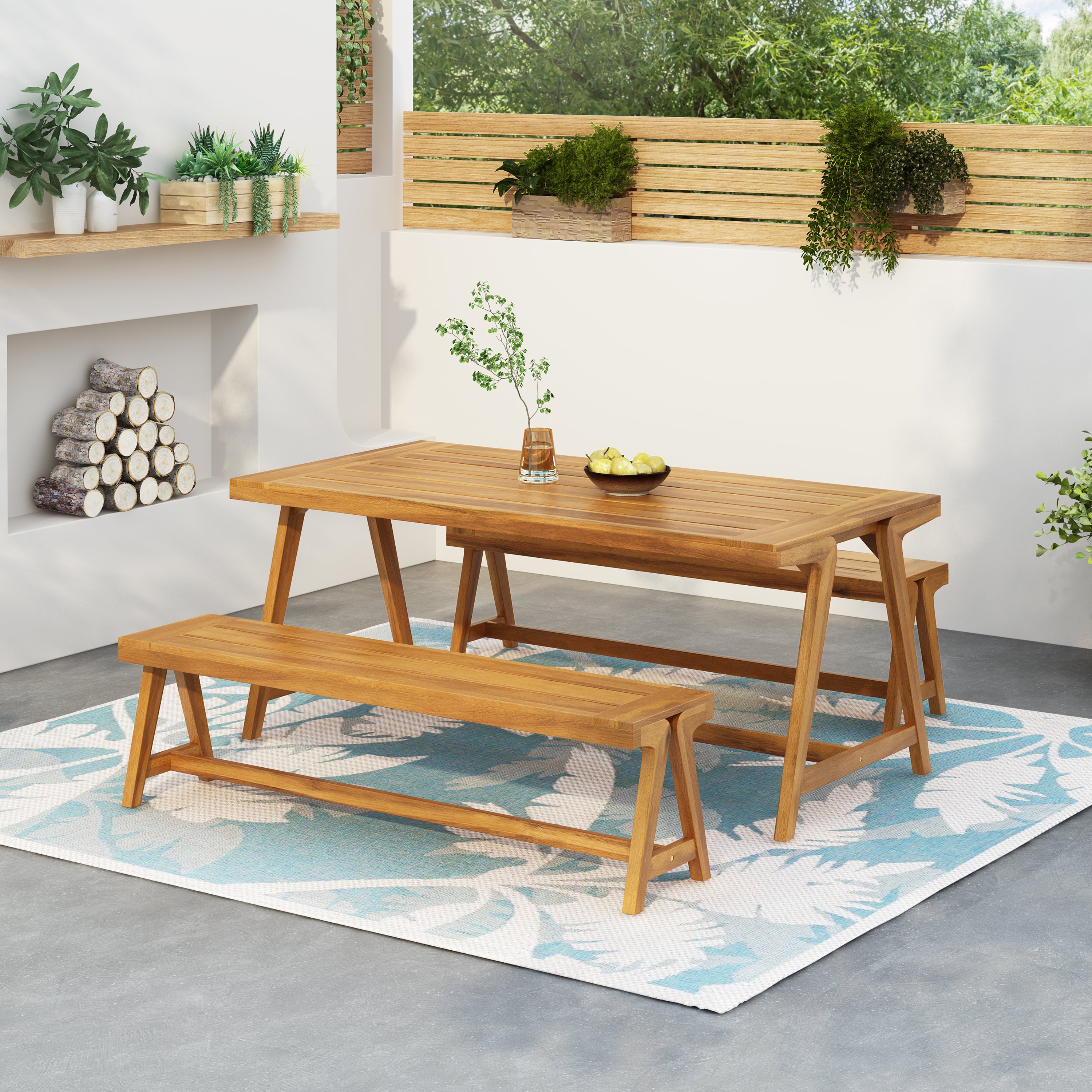 Contemporary Acacia Wood Outdoor 3-Piece Dining Set with Benches