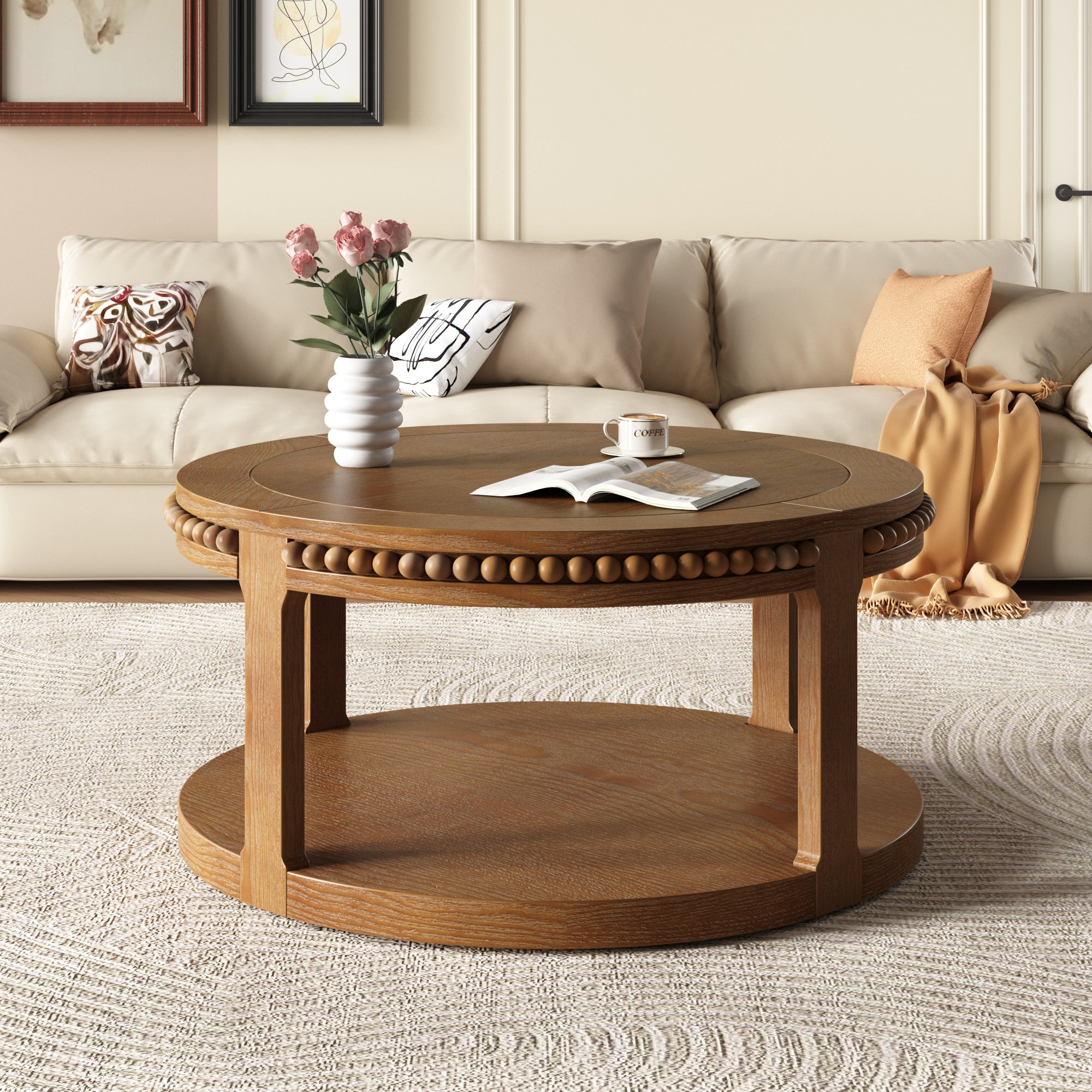 Round Solid Wood Coffee Table with Beaded Accent Edge