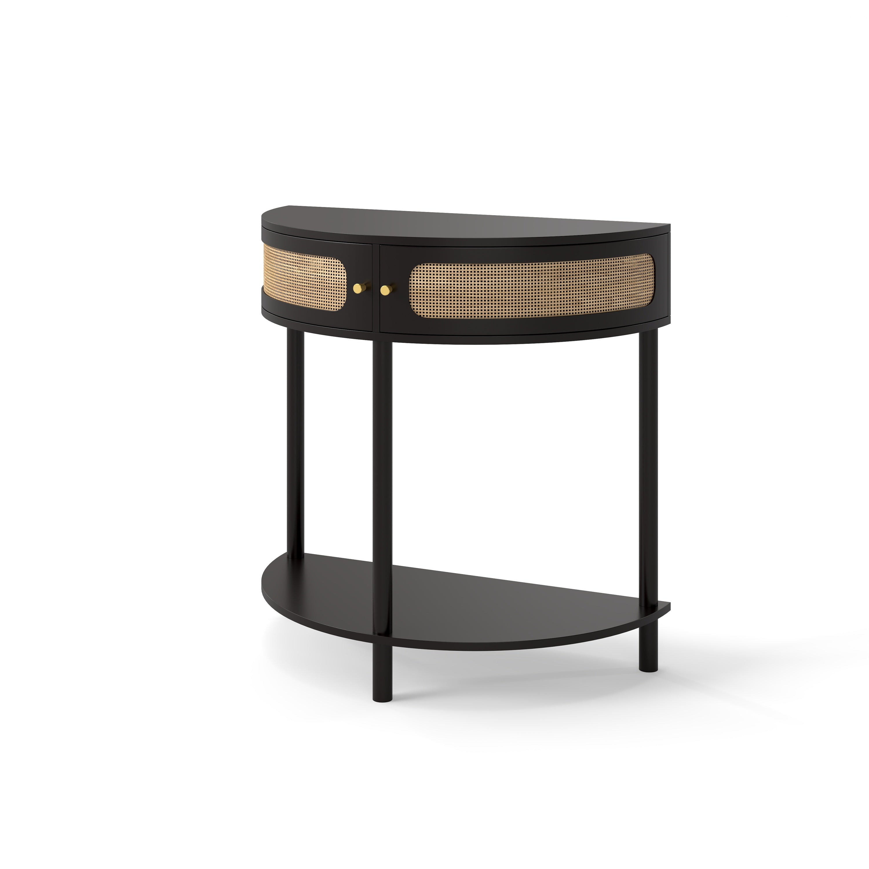 Boho Rattan Semi Circle End Table with Sliding Door