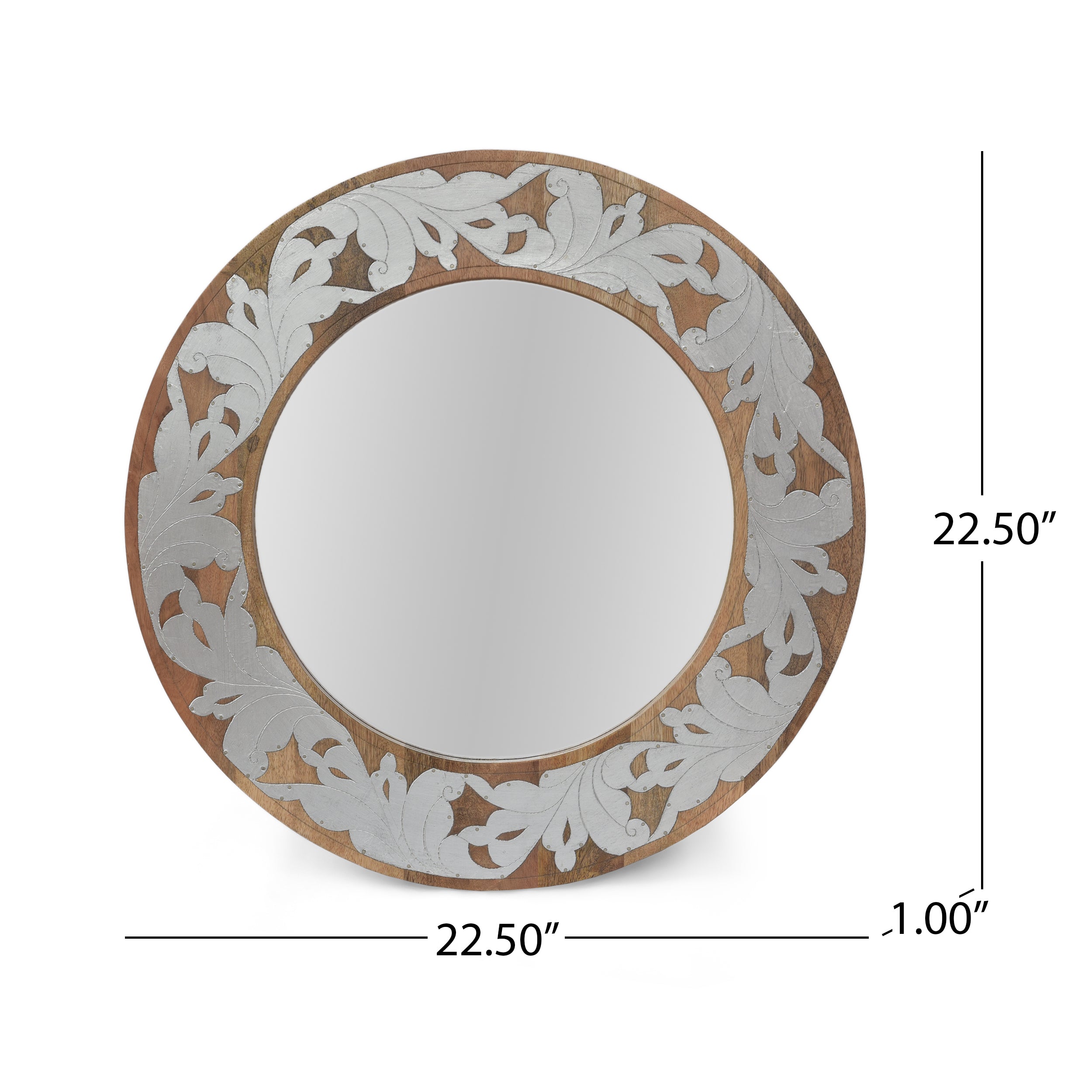 Round Wall Mirror with Metal Floral Pattern and Wood Frame