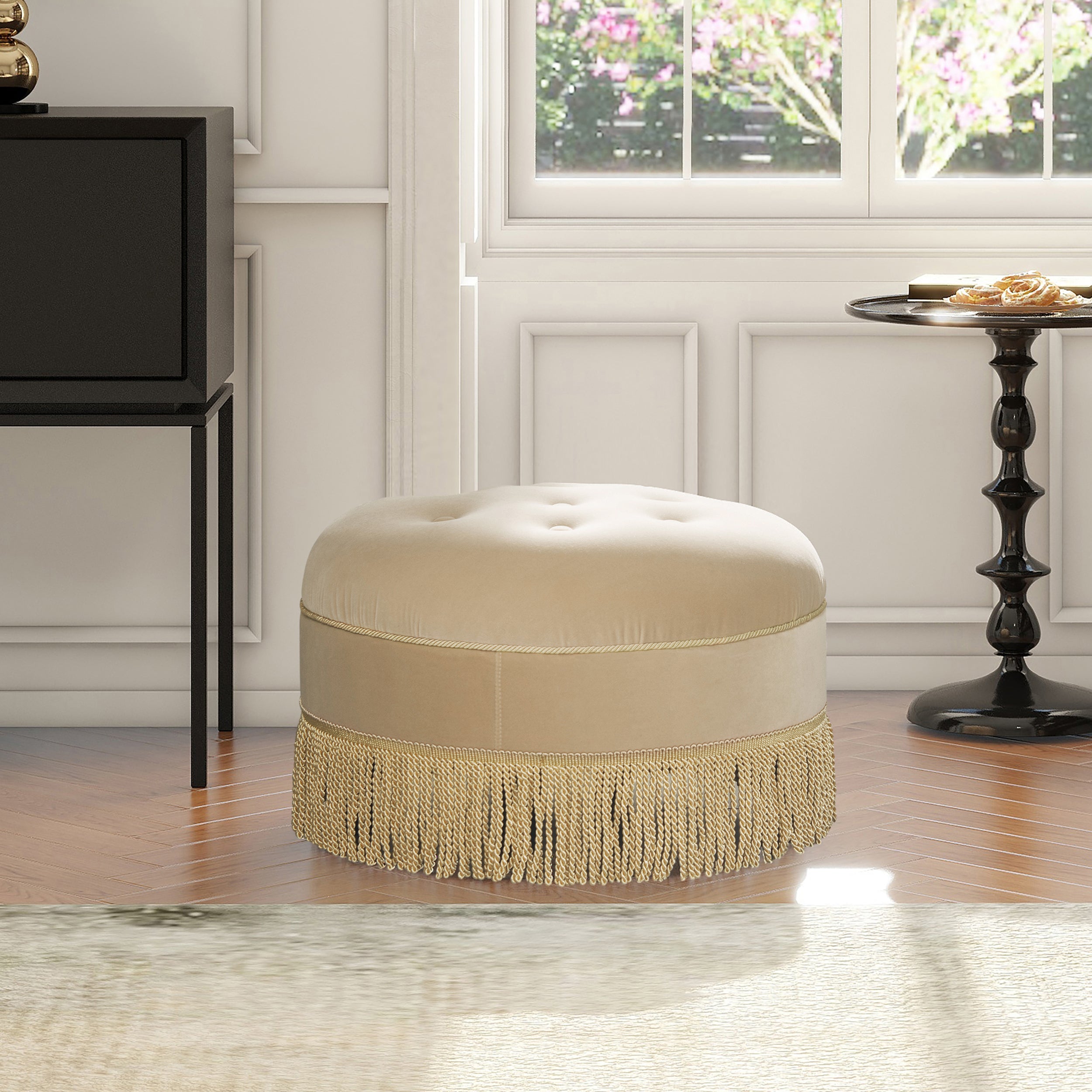 Yolanda 24" Round Upholstered Accent Ottoman, Olive Green Performance Velvet